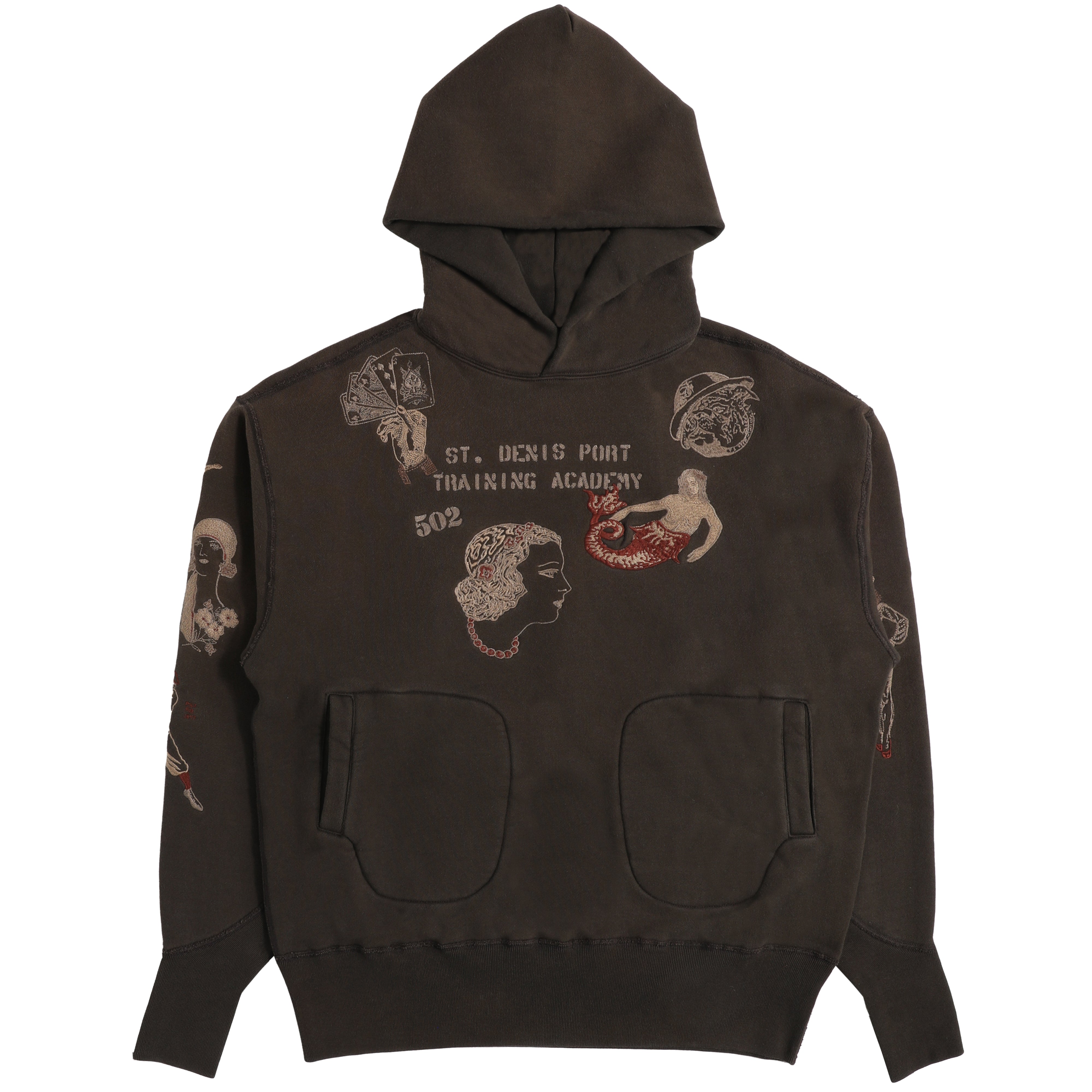 A dark brown pullover hoodie featuring vintage-style graphic prints on the front and sleeves, including a mermaid, a profile portrait, and the text 'ST. DENIS PORT TRAINING ACADEMY 502'.