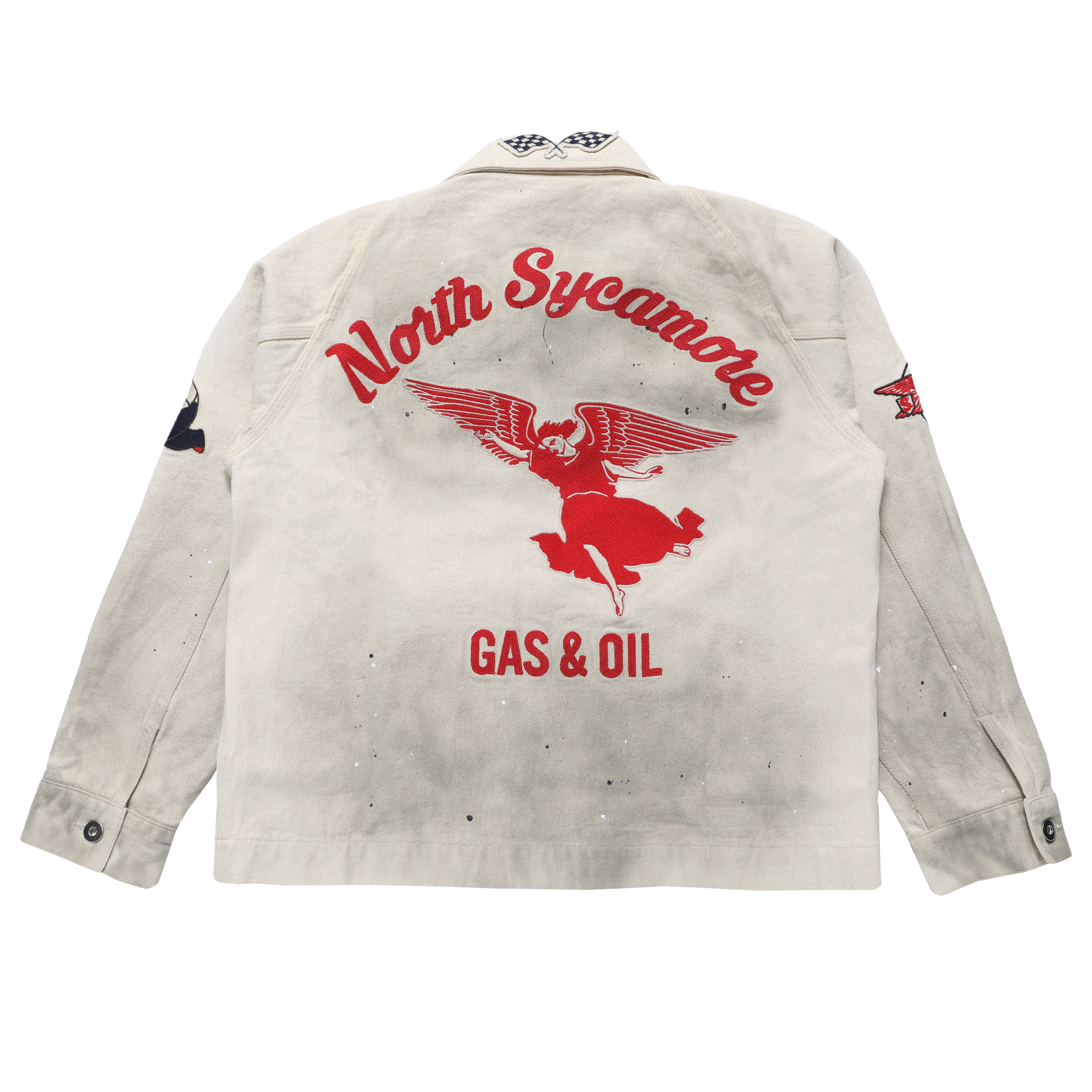 A light beige, heavily distressed jacket shown from the back, featuring a large red vintage-style 'North Sycamore Gas & Oil' winged figure logo printed on the back.