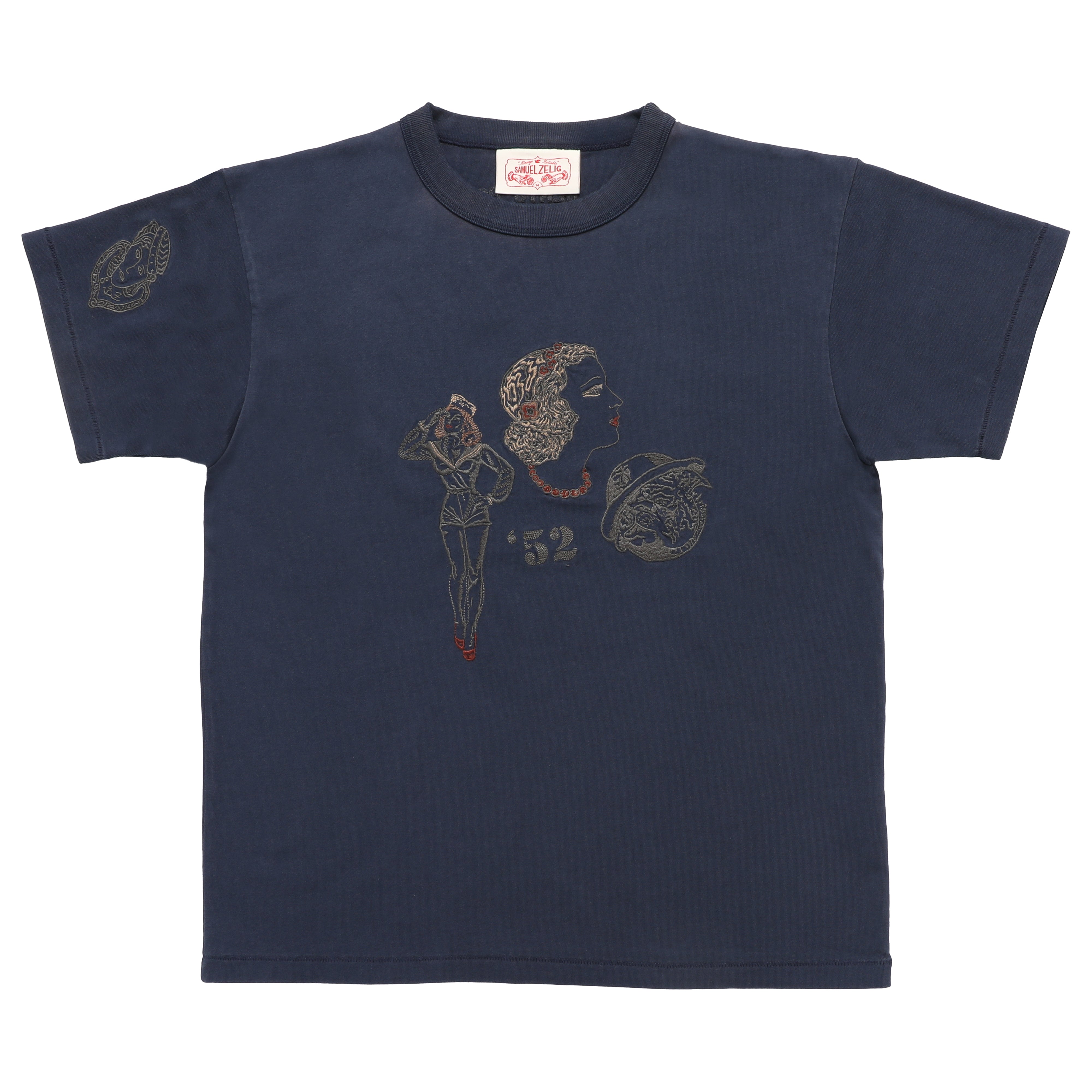 A navy blue short-sleeve t-shirt with a vintage-style graphic on the front featuring a pin-up girl, a woman's profile, and the number '52' in muted gold and red tones.