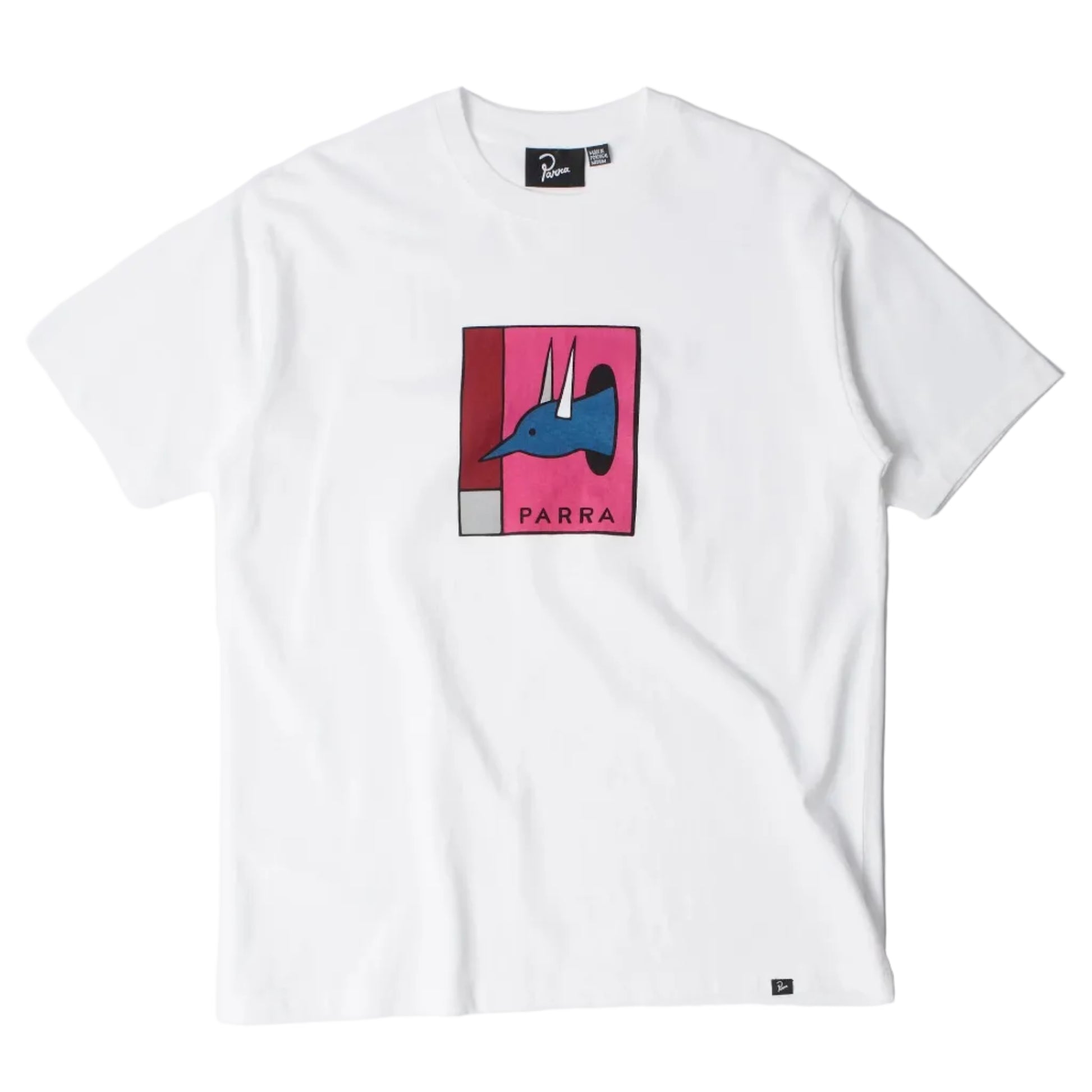 A white short-sleeve crewneck t-shirt featuring a colorful graphic print on the chest. The graphic depicts a stylized blue bird with white horns against a pink and red background, with the word 'PARRA' printed below it.
