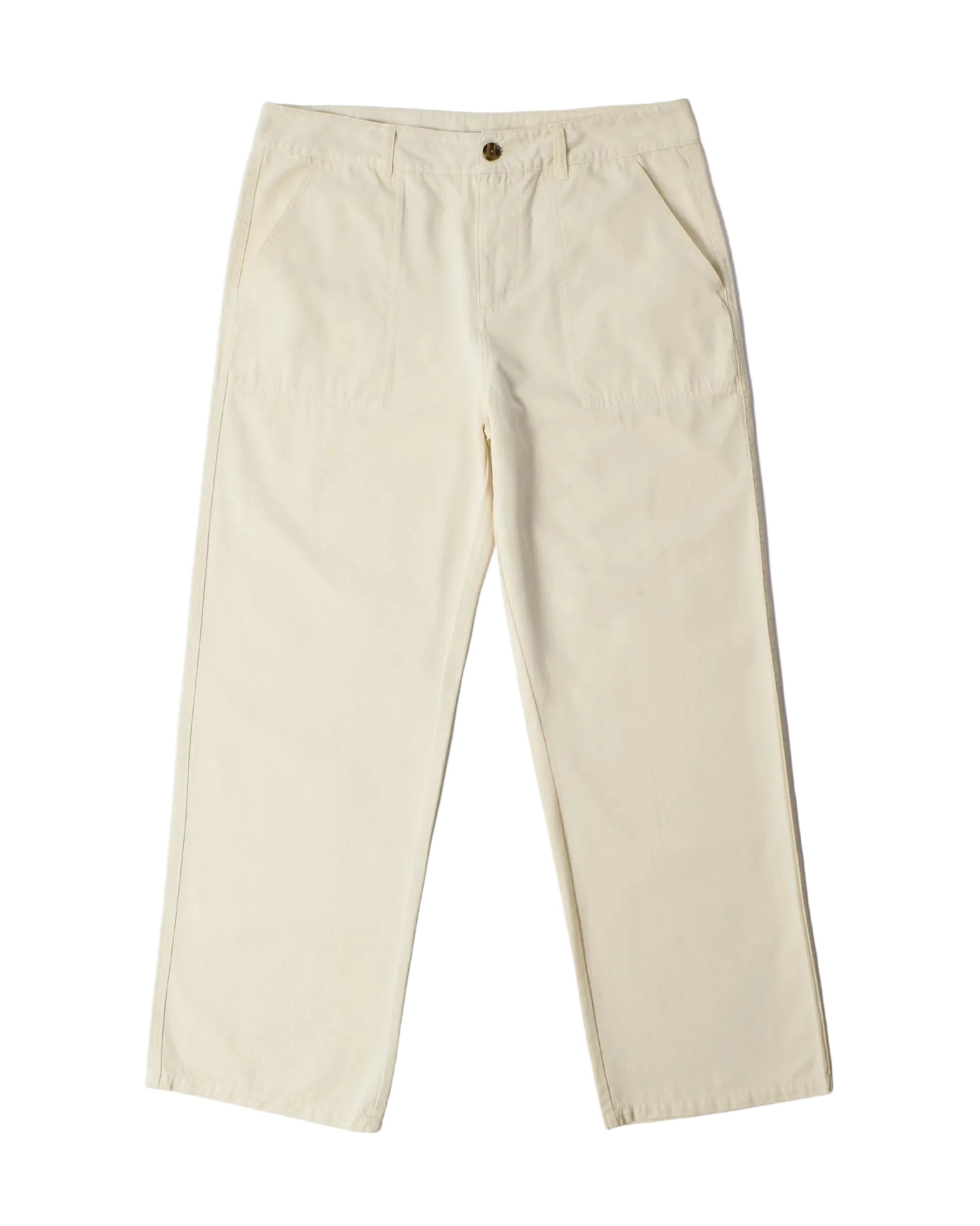 A pair of light cream-colored cotton pants with a button closure and side pockets, laid flat against a light gray background.