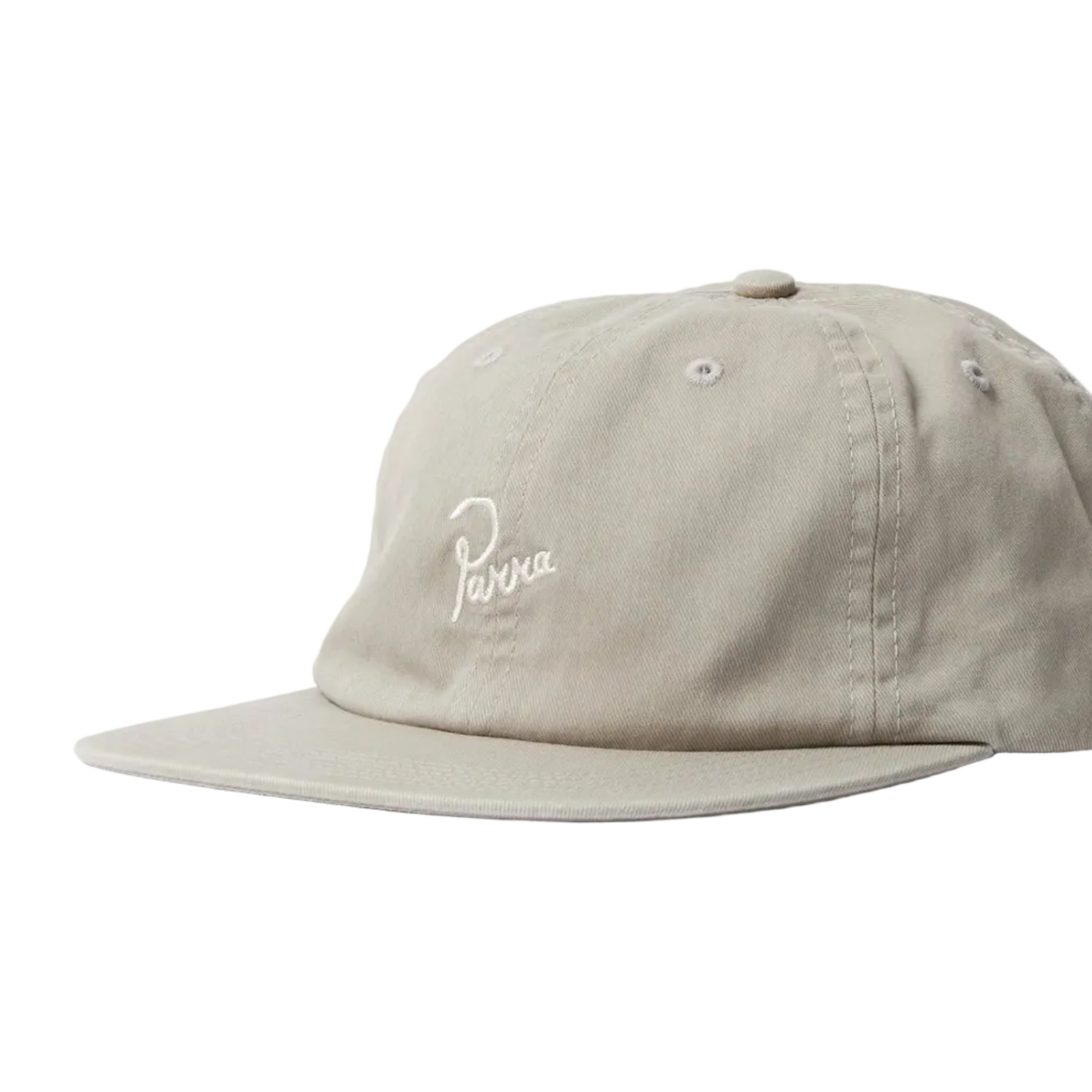 A grey flat-brim cap with a white embroidered 'Parra' logo on the front, shown against a plain white background.