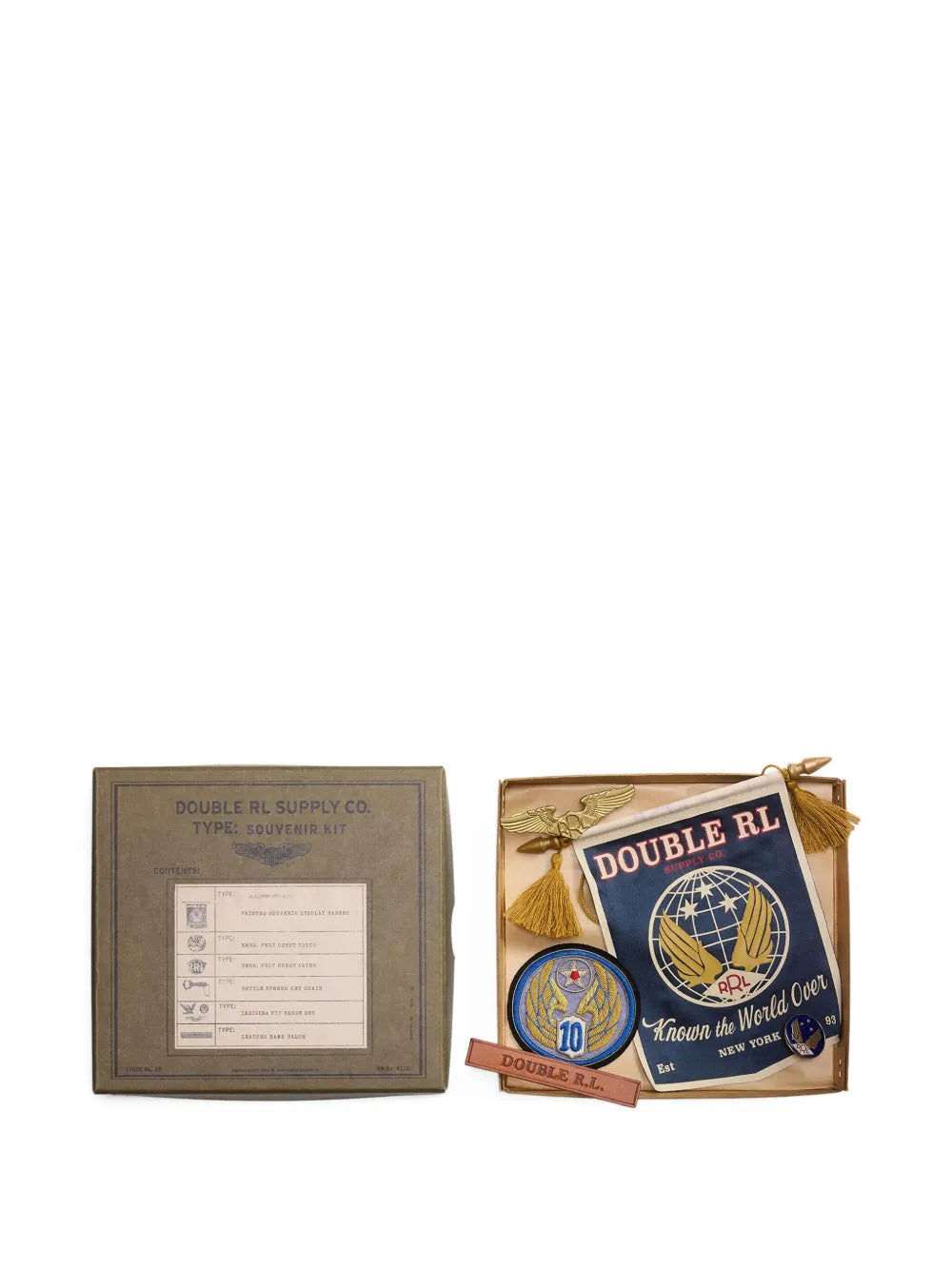 RRL Souvenir Kit Gift Box Set with military-inspired patches and accessories, flat lay view