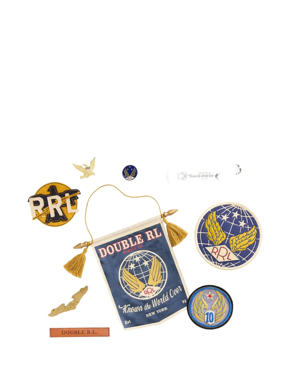 RRL Souvenir Kit Gift Box Set with military patches, pins, and pennant on white background