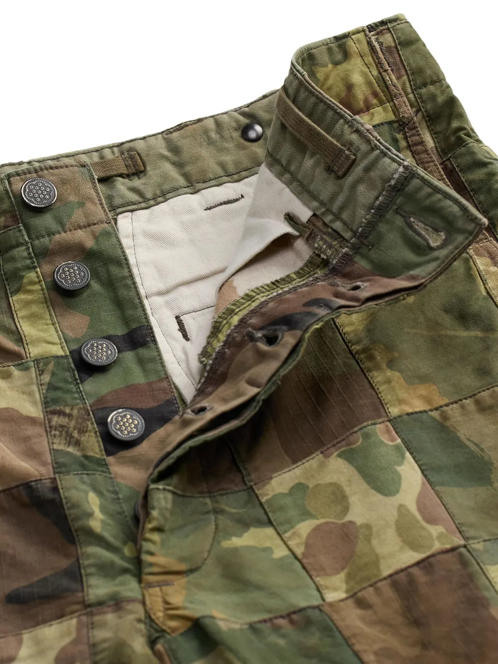 RRL Camo Patchwork Shorts with button fly closure, detailed front view