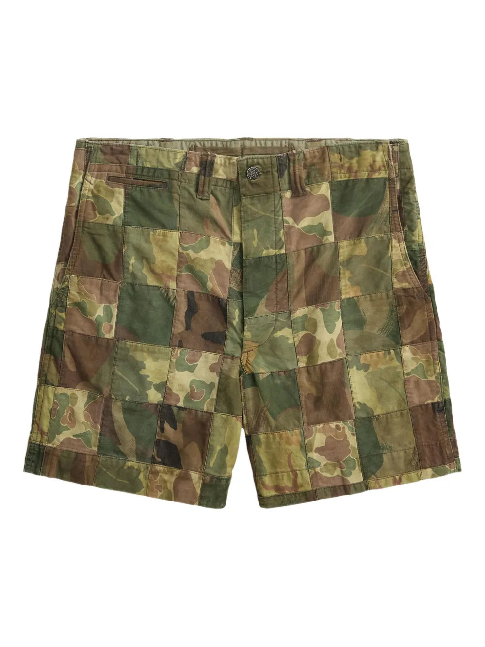 RRL Camo Patchwork Short - men's shorts with mixed camouflage pattern patches, front view