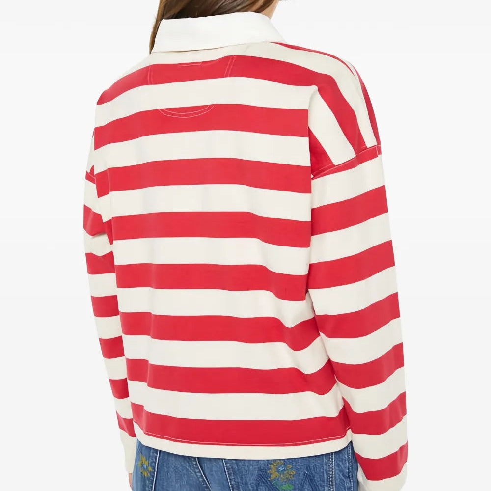 MOTHER Boxy Match striped blouse in Tango red and cream, back view