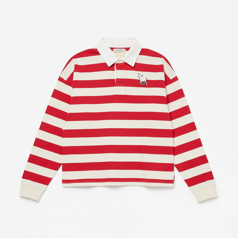 MOTHER Boxy Match red and cream striped long sleeve polo shirt front view