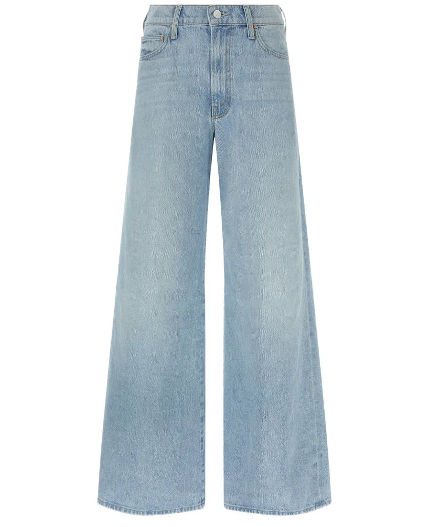 MOTHER Ditcher Roller Zip wide leg flare jeans in light blue denim, front view