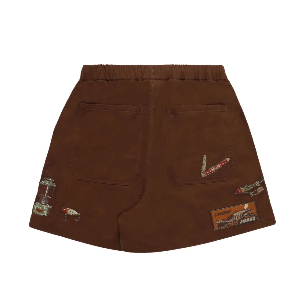 Brown shorts with patches on a white background