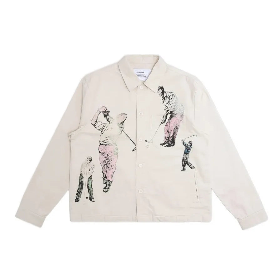 Beige jacket with black and white illustrations on a white background