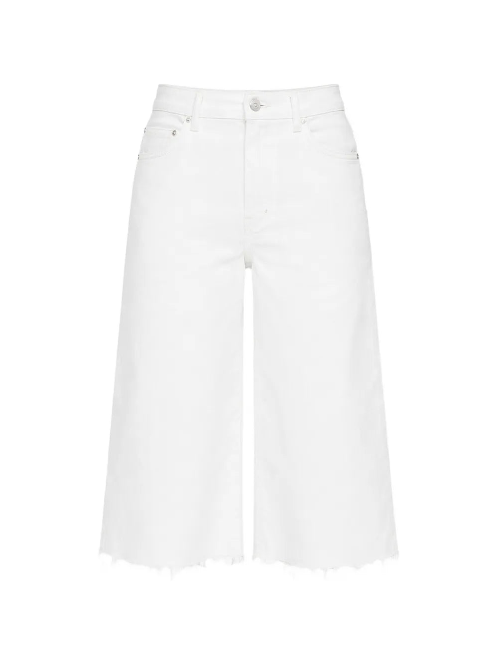 MOTHER The Whole Lot Zip Twist Fray white denim shorts with frayed hem, front view