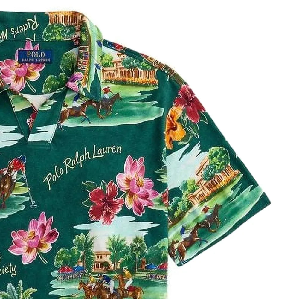 Polo Ralph Lauren Johnny Collar Polo shirt in green with tropical floral print, front view