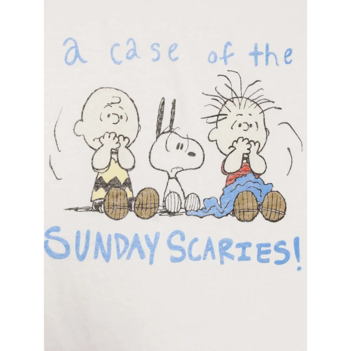 A close-up of a white fabric surface printed with a cartoon illustration of Charlie Brown, Snoopy, and Woodstock, with blue handwritten-style text reading 'a case of the SUNDAY SCARIES!'.