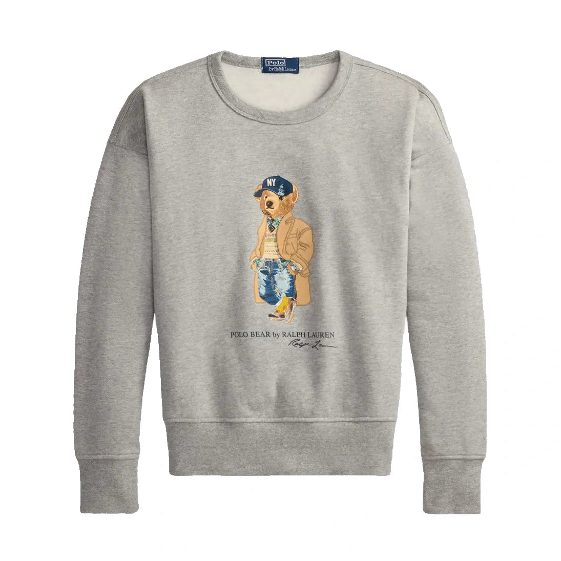 Heather gray crewneck sweatshirt laid flat. On the front is a graphic of a bear wearing a navy NY cap, a tan coat and jeans, with “Polo Bear by Ralph Lauren” printed below.