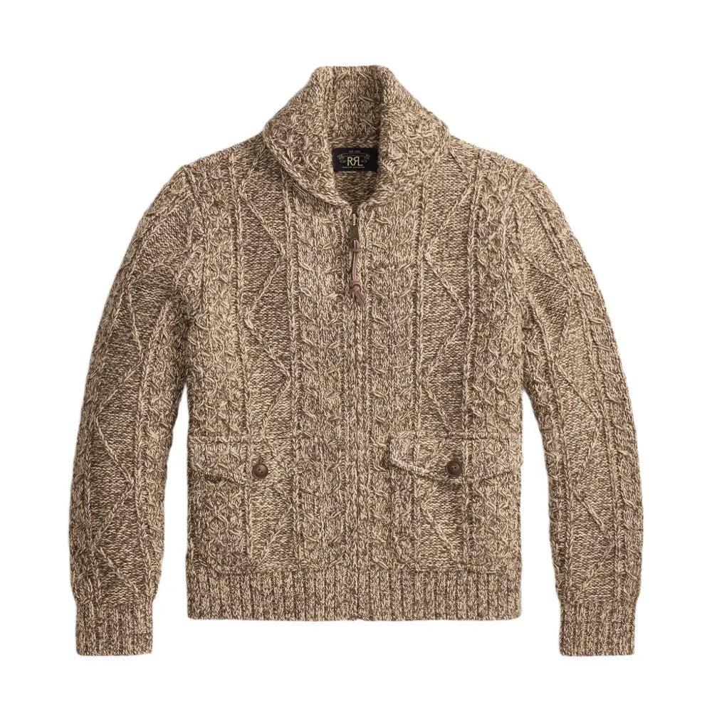 A textured cable-knit cardigan sweater in a heathered brown and beige colorway, featuring a stand-up collar, a short button placket, and two front flap pockets, shown against a plain white background.
