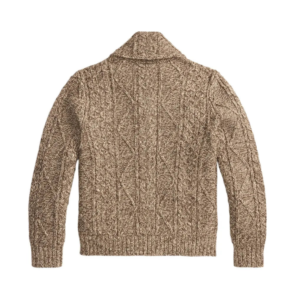 A textured cable-knit sweater in a warm taupe-brown color, shown from the back against a plain white background.