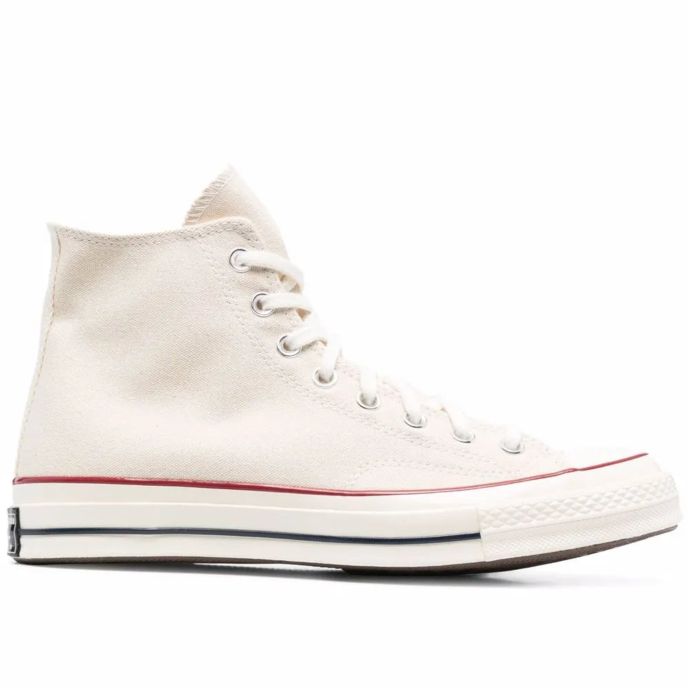 White canvas hi-top sneaker on a white background