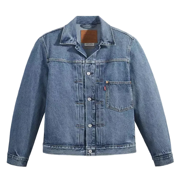 Blue denim jacket on a white background
