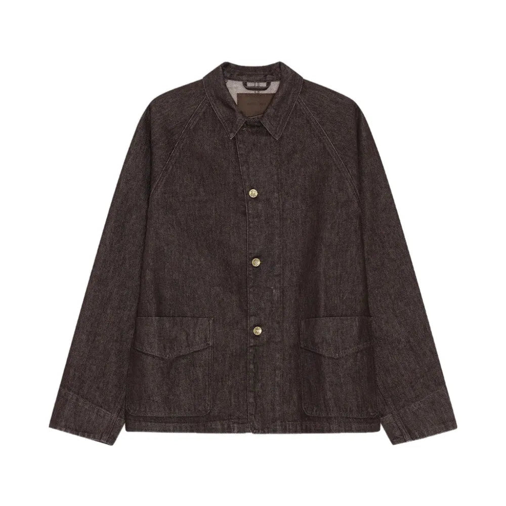 A dark brown textured jacket with a button-up front, collar, and two front flap pockets, displayed flat against a solid white background.