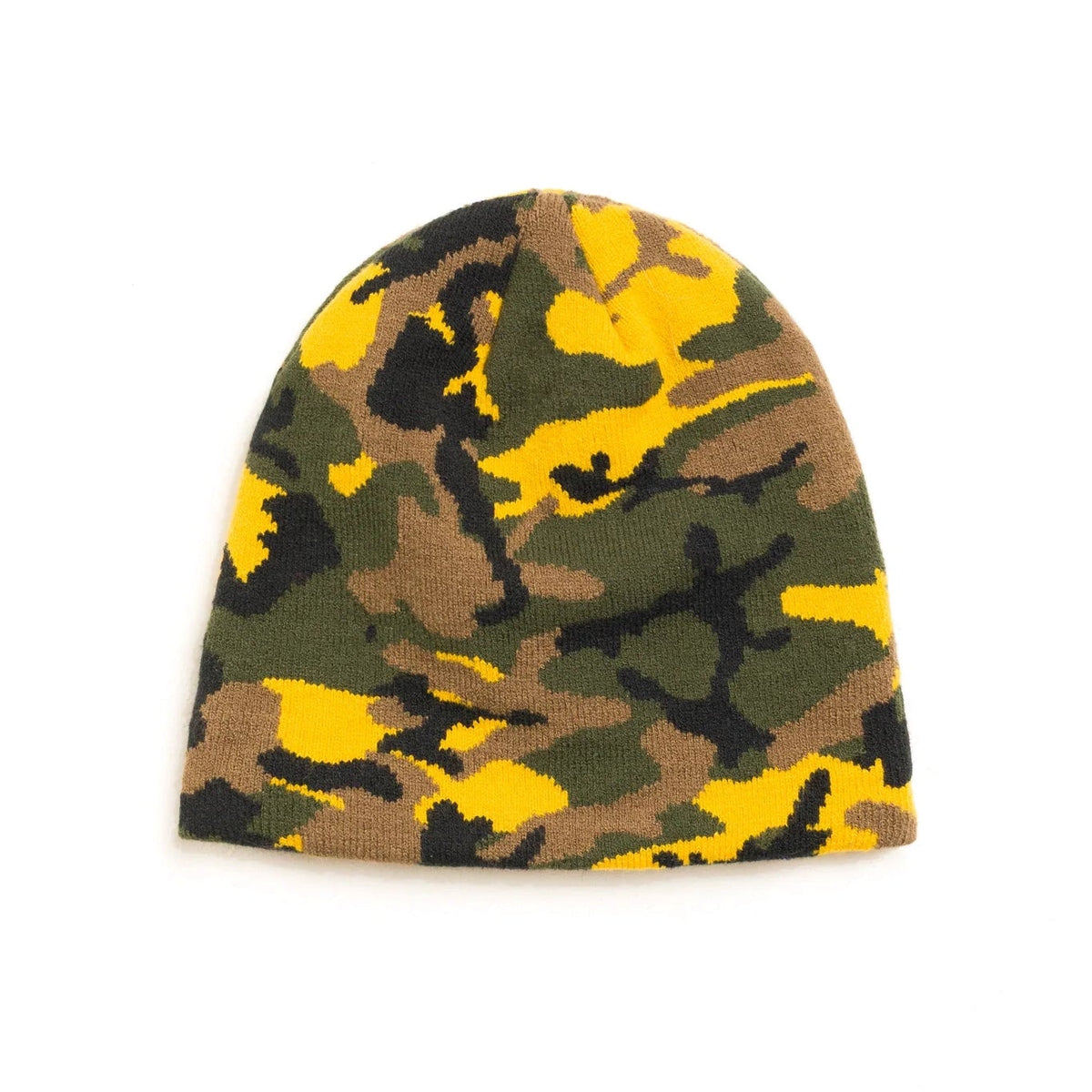A knit beanie hat featuring a classic woodland camouflage pattern with yellow, green, brown, and black shapes, shown against a plain white background.