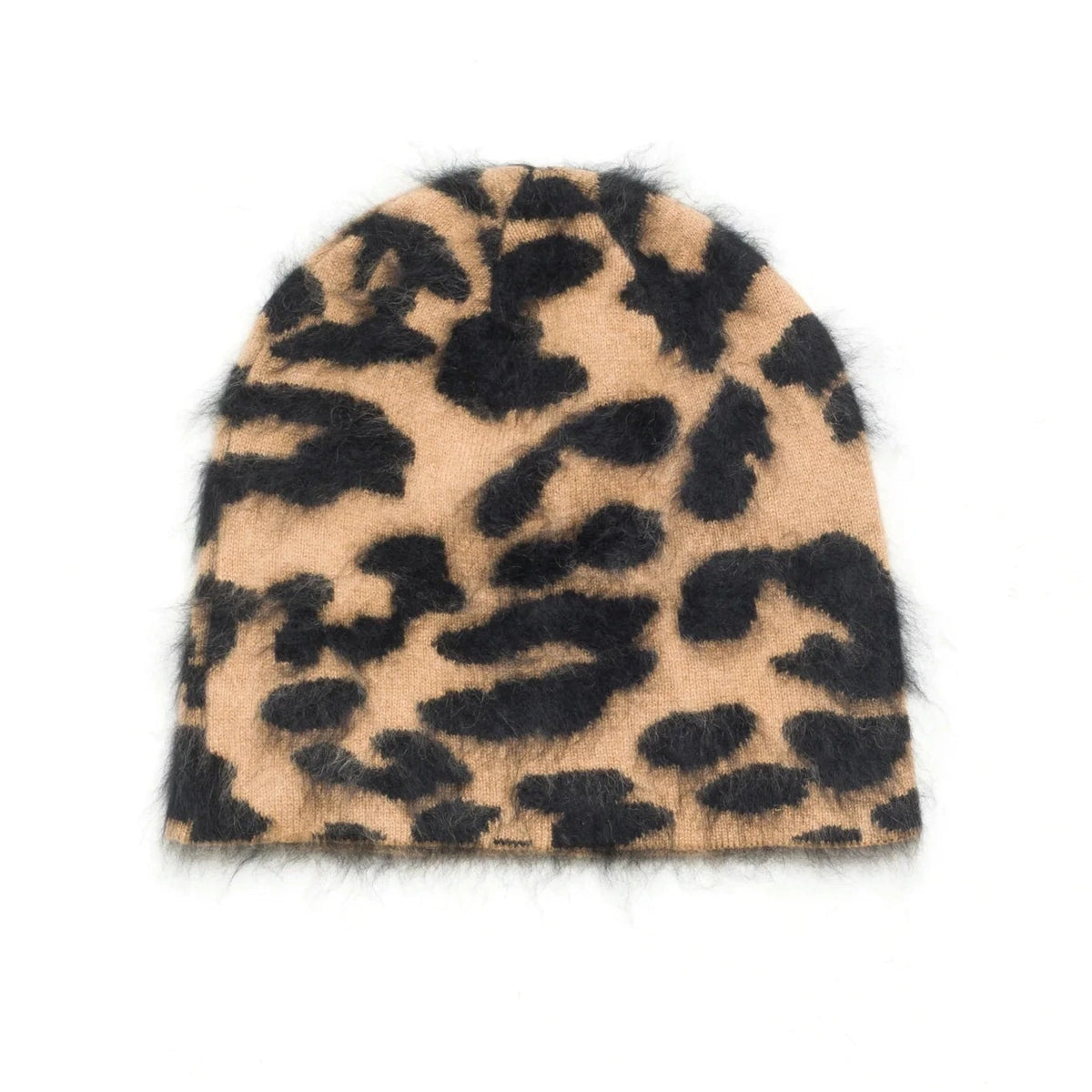 A fuzzy knit beanie hat featuring a classic leopard print pattern in tan and black, photographed against a solid white background.
