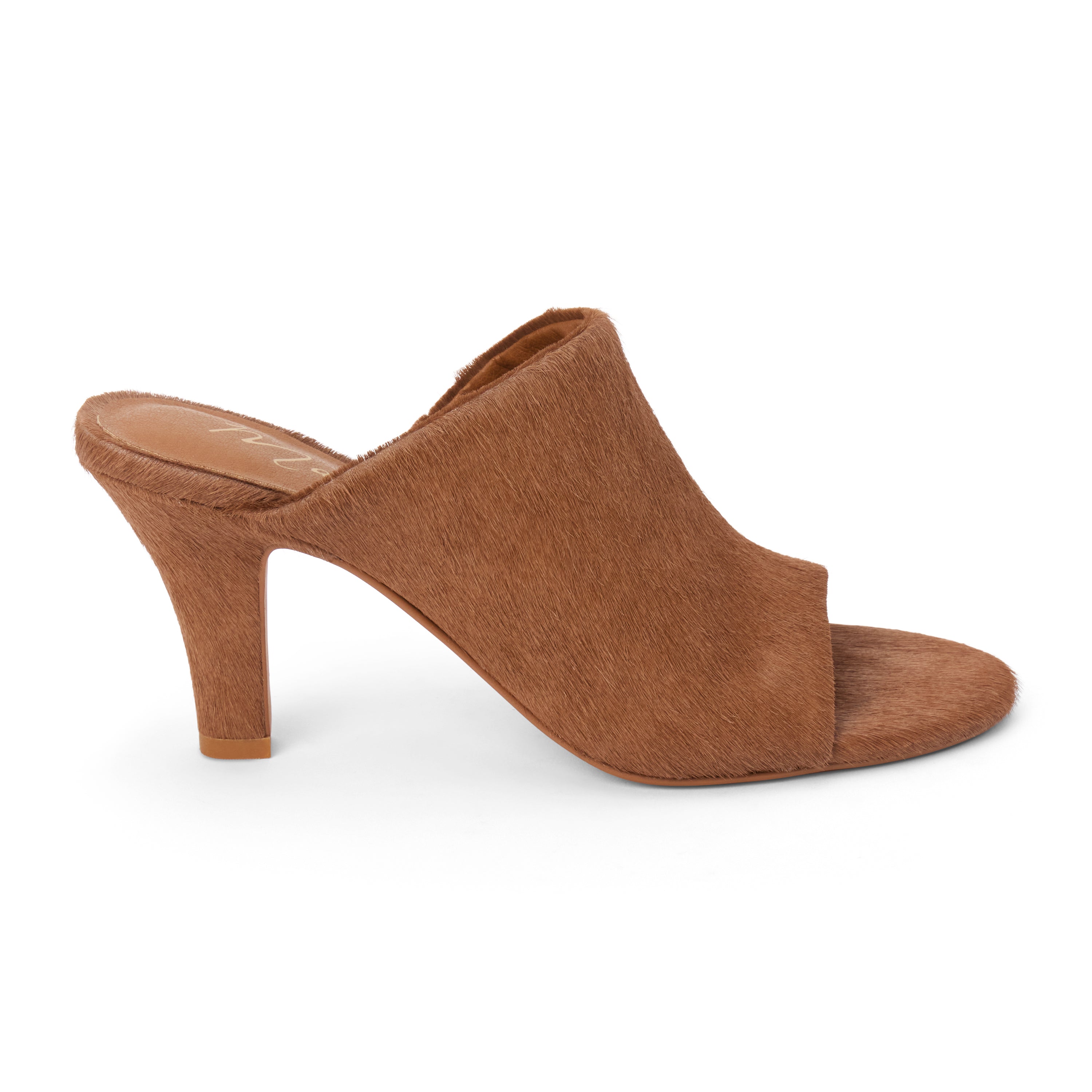 Brown open-toe heeled sandal on a white background