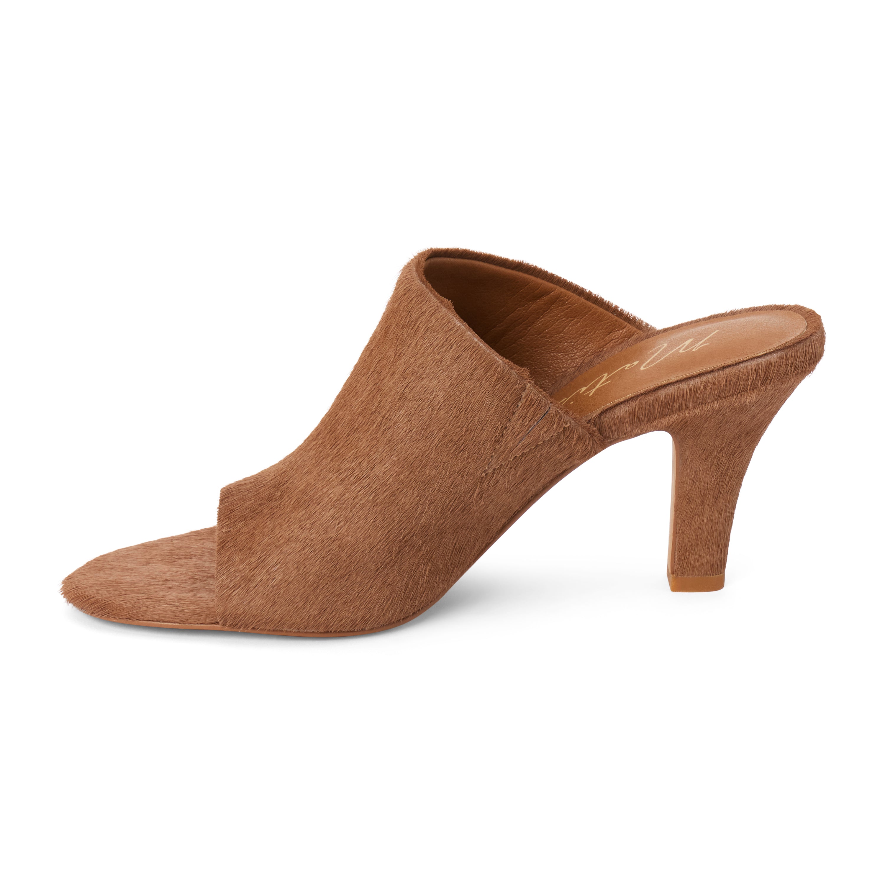 A single brown textured mule high heel shoe shown from a side profile view against a plain white background.