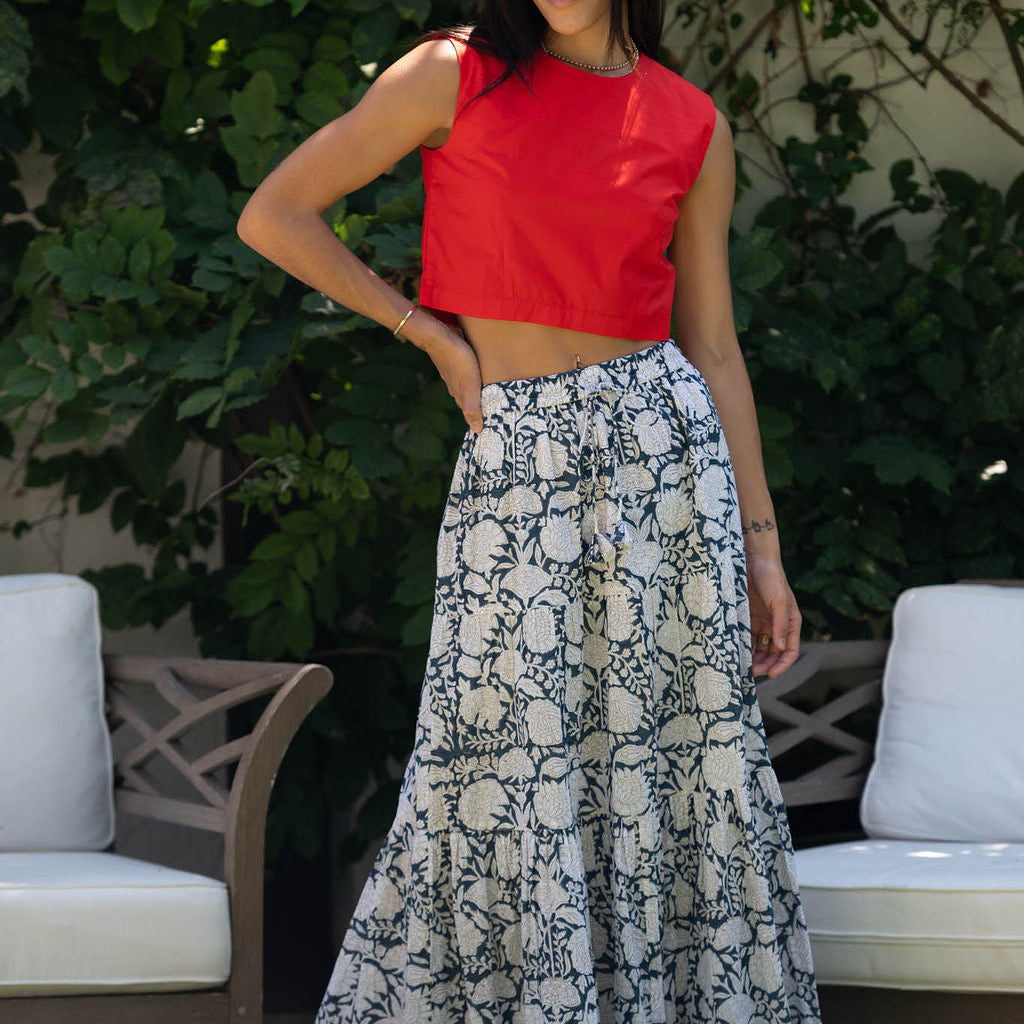 DIAZ TOP RED SOLID POPLIN sleeveless crop top, front view on model
