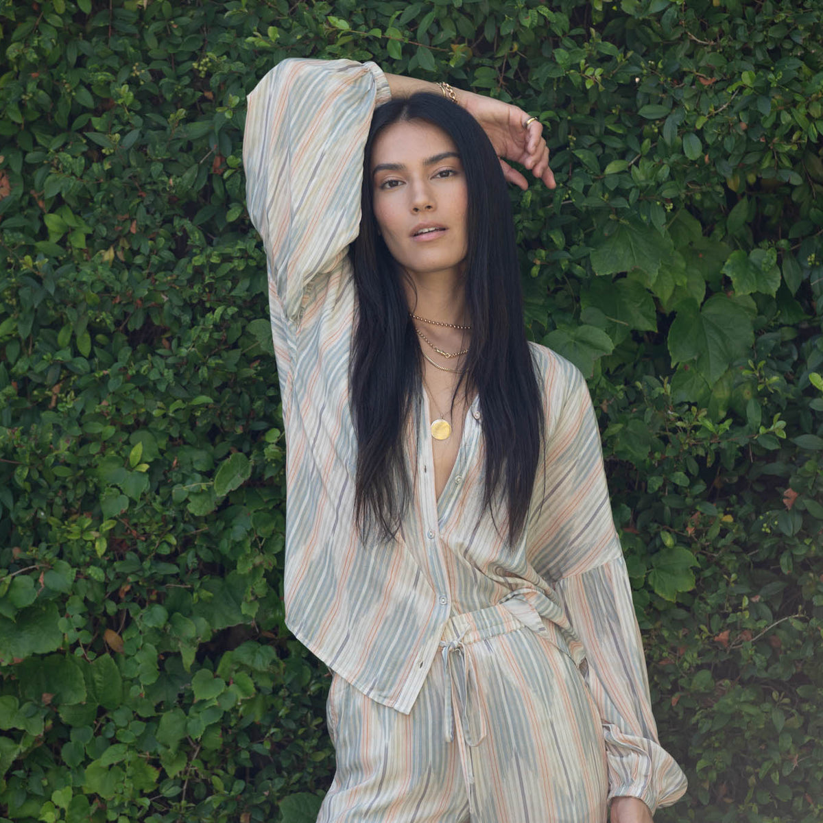 CATHERINE TOP IN DESERT PRINT striped blouse with tie waist, front view