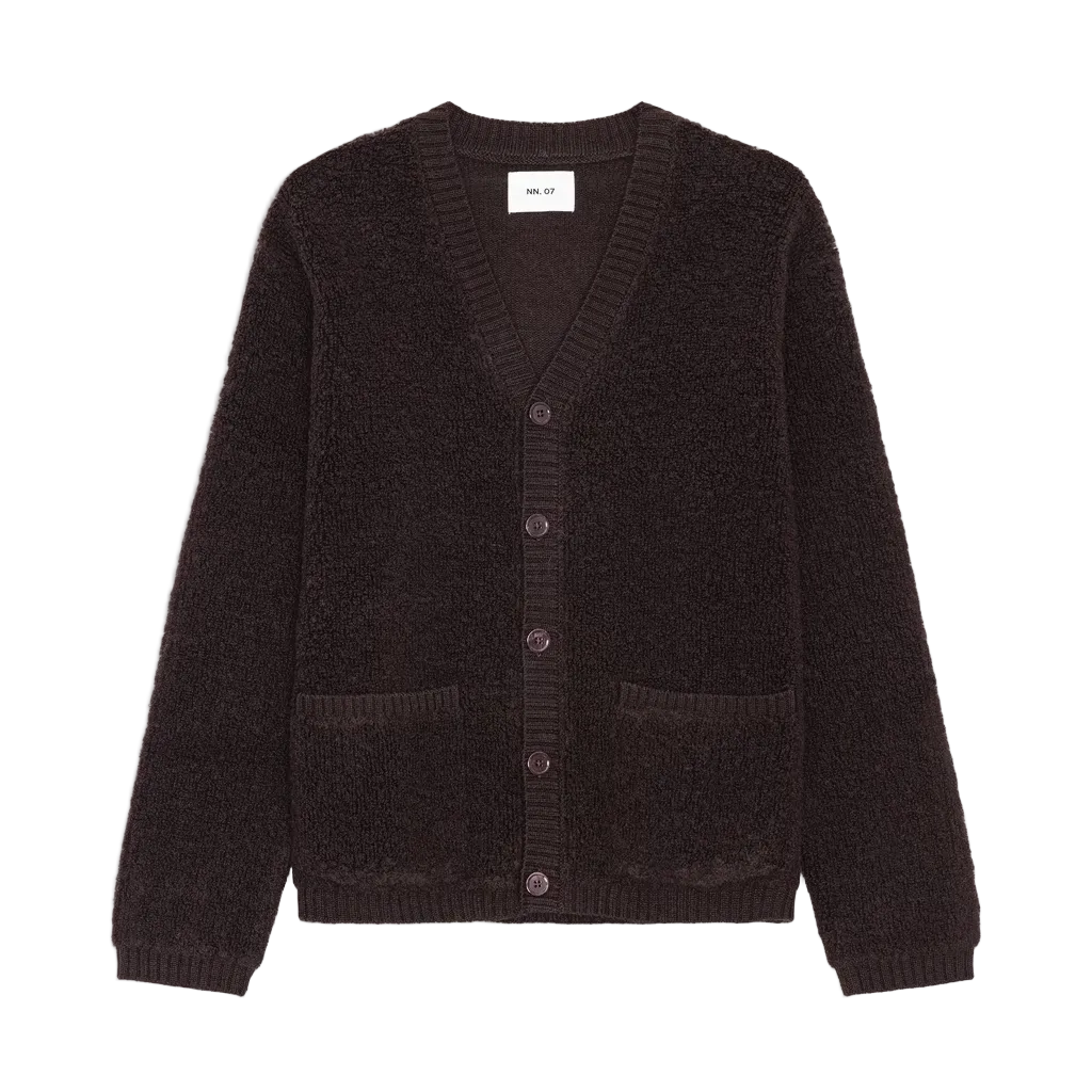 A dark purple textured knit cardigan sweater with a V-neck, button-front closure, and two front patch pockets, displayed flat against a white background.
