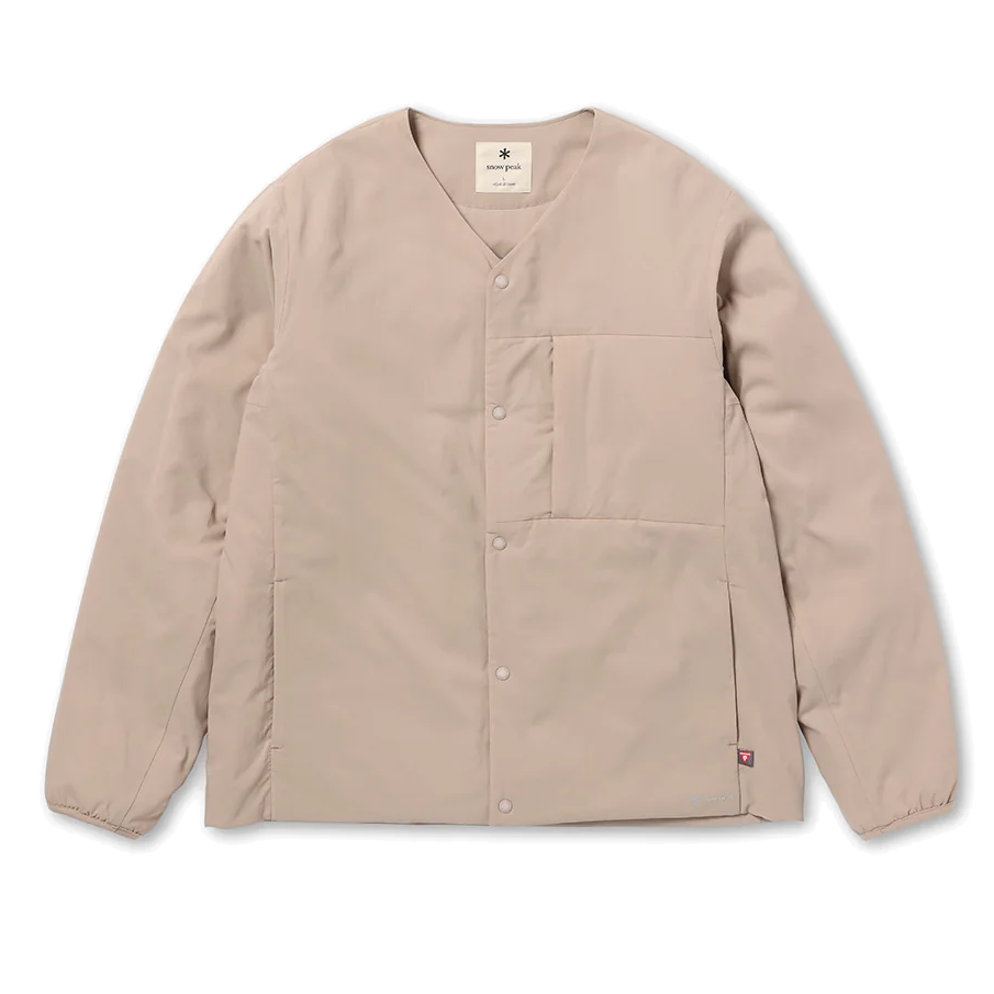 Front view of a light brown Snow Peak Flexible Insulated Cardigan laid flat on white, showing the collarless V-neck, snap-button front, flush chest pocket and elastic cuffs.