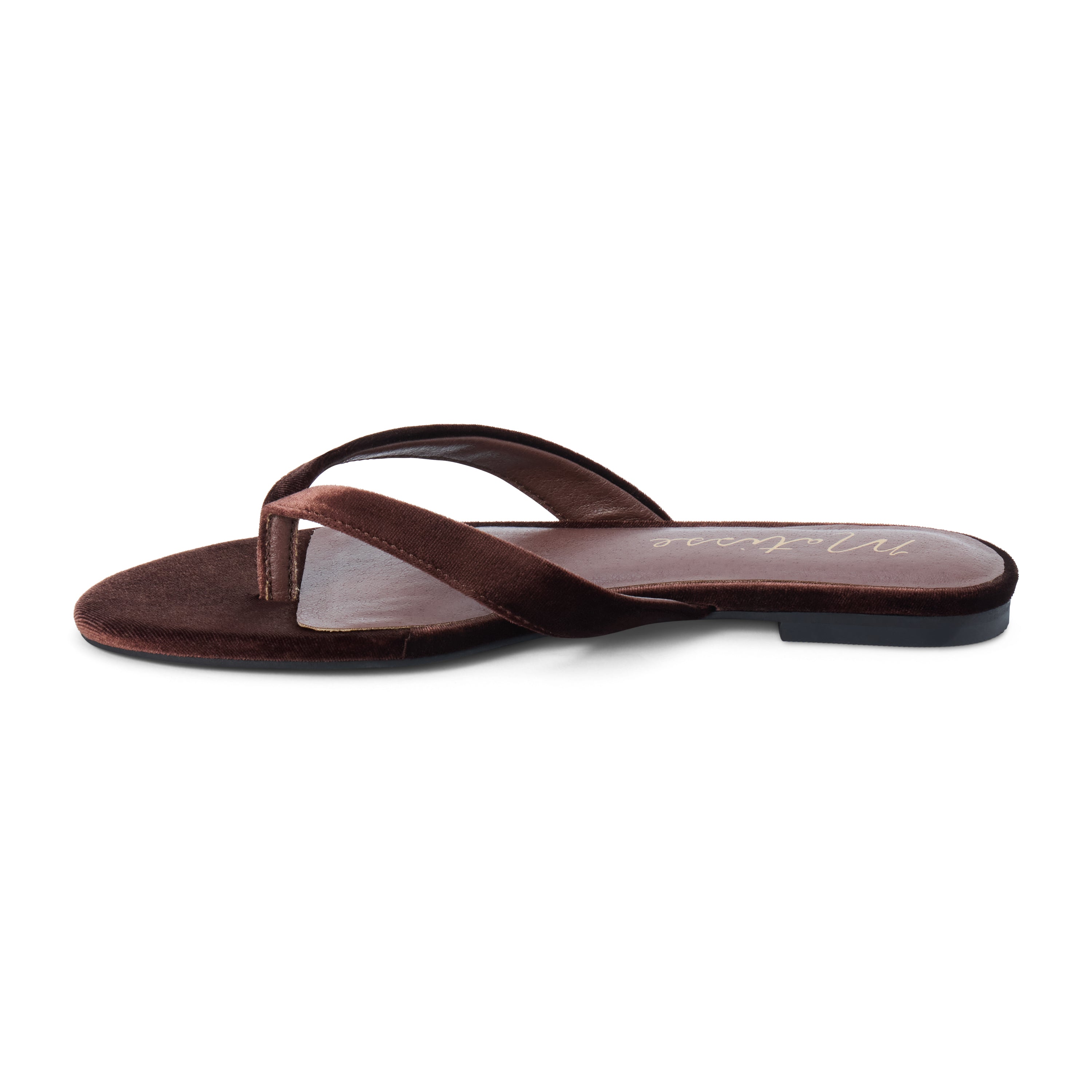 A single dark brown flat thong sandal with a suede-like finish, shown from a side profile view on a clean white background.