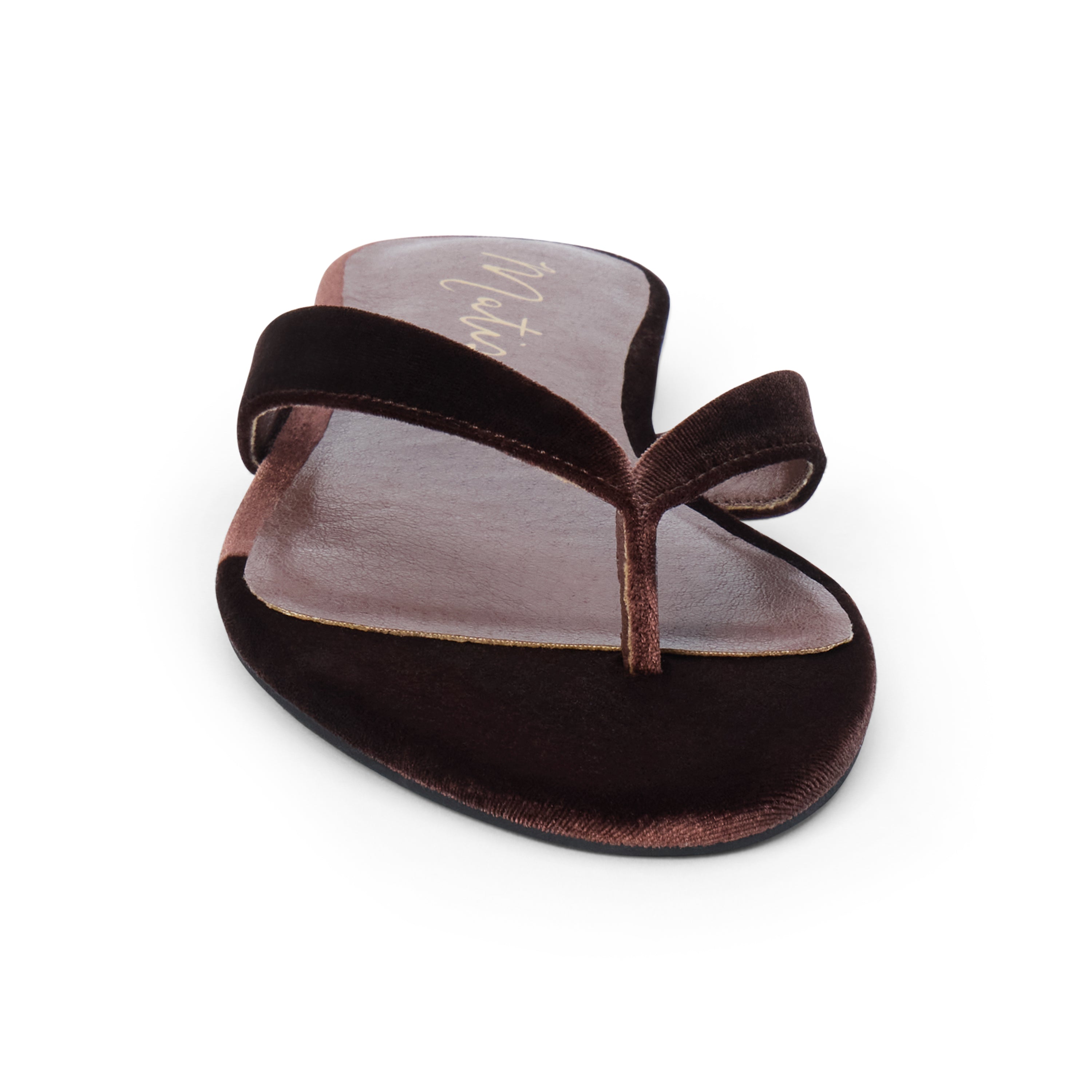 A single dark brown velvet thong sandal with a matching velvet toe strap and a smooth brown footbed, shown from a top-down angle on a white background.