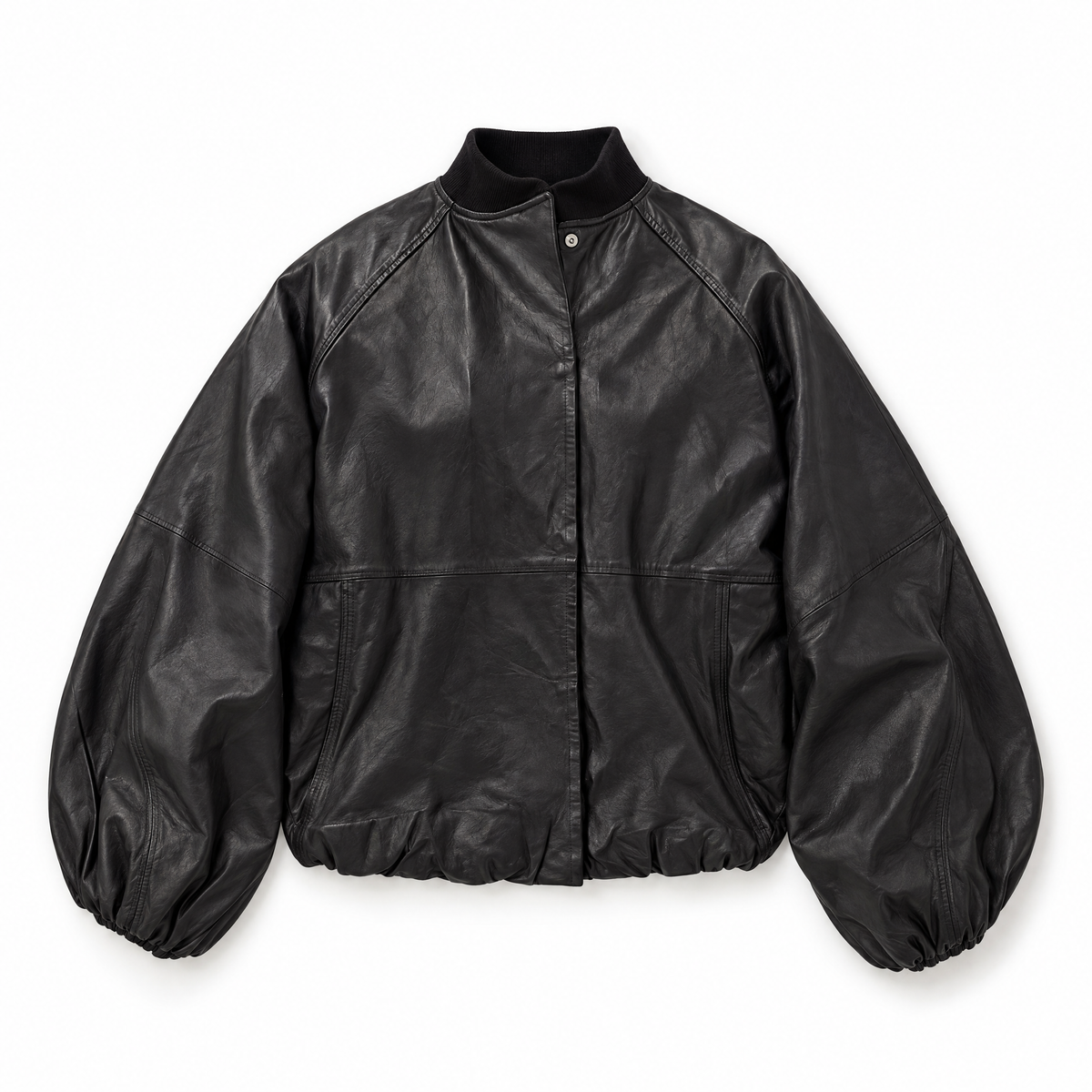 A black leather bomber jacket with a snap-button front, ribbed collar, and voluminous balloon sleeves, shown flat on a white background.