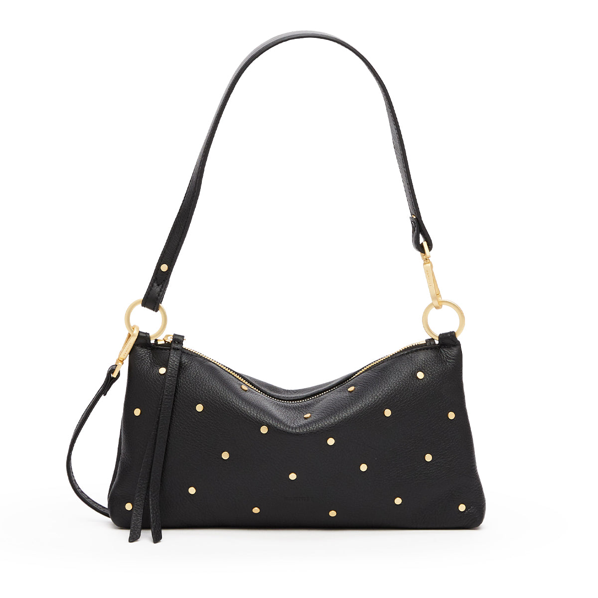 A black pebbled leather shoulder bag with gold studs and gold-tone hardware, shown on a plain white background.