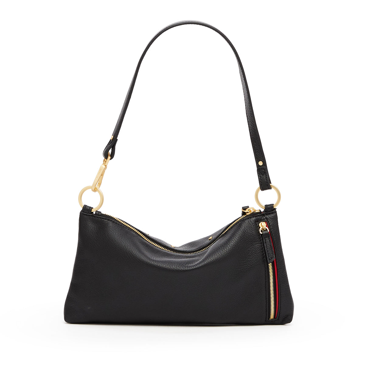Black handbag with gold accents on a white background