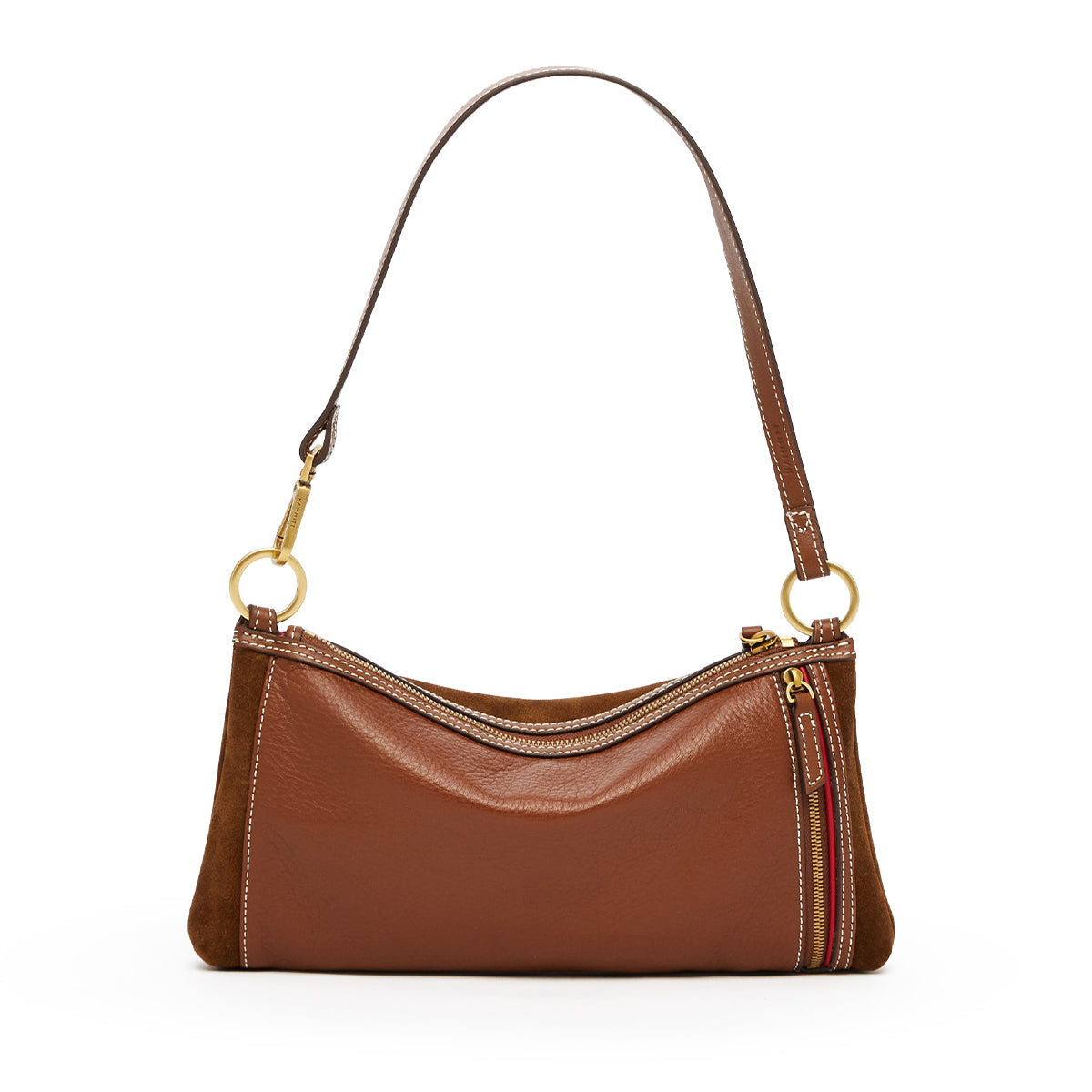A brown leather shoulder bag with a curved top, gold-tone hardware, and a thin matching leather strap, shown on a plain white background.