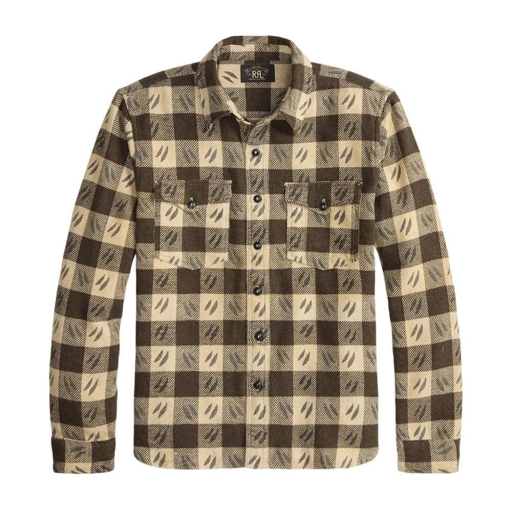 A long-sleeve button-up shirt with a brown and beige checkered pattern featuring a repeating leaf motif, displayed on a solid white background.