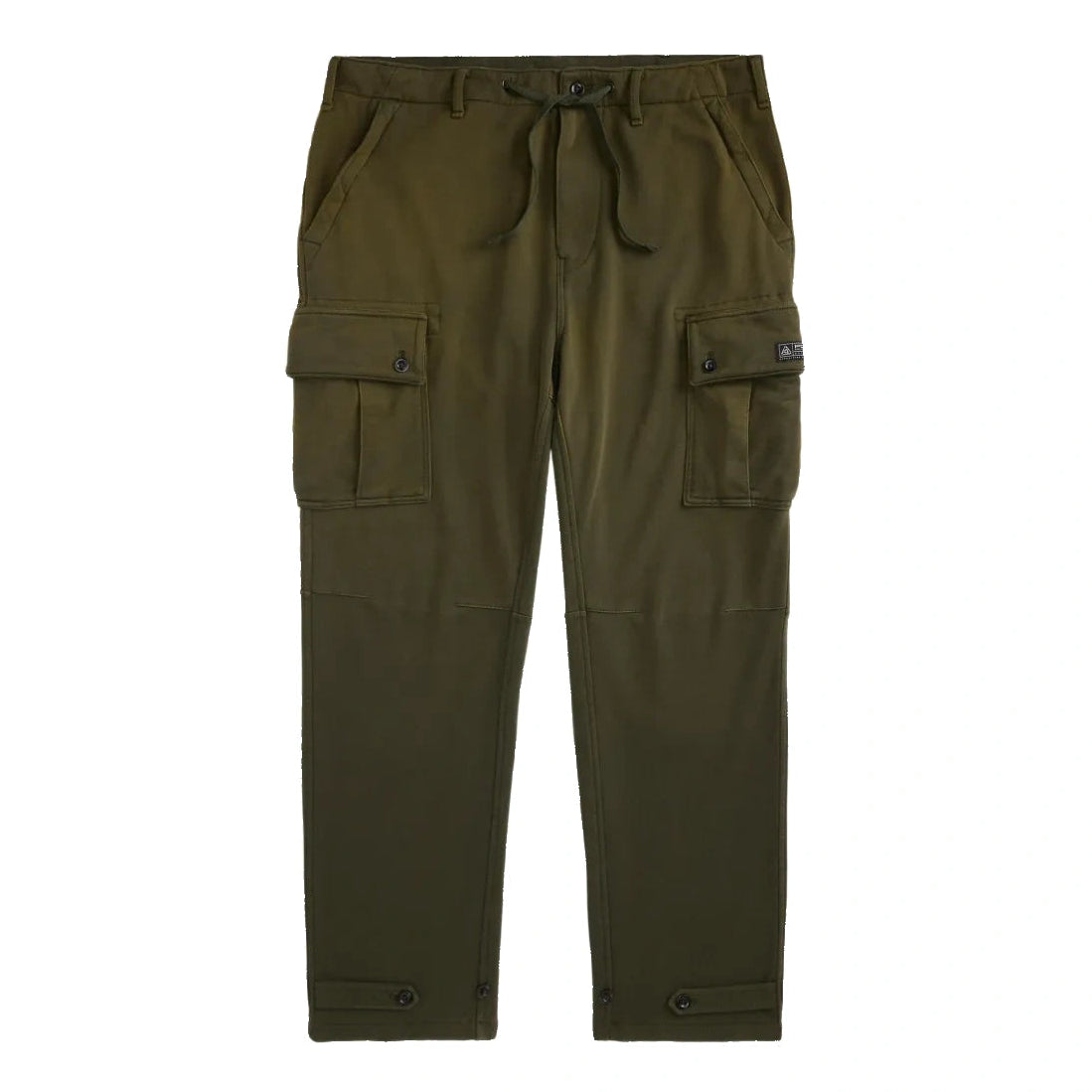 Olive green cargo pants with a drawstring waist, flap cargo pockets on the thighs, and buttoned cuffs, shown flat on a white background.