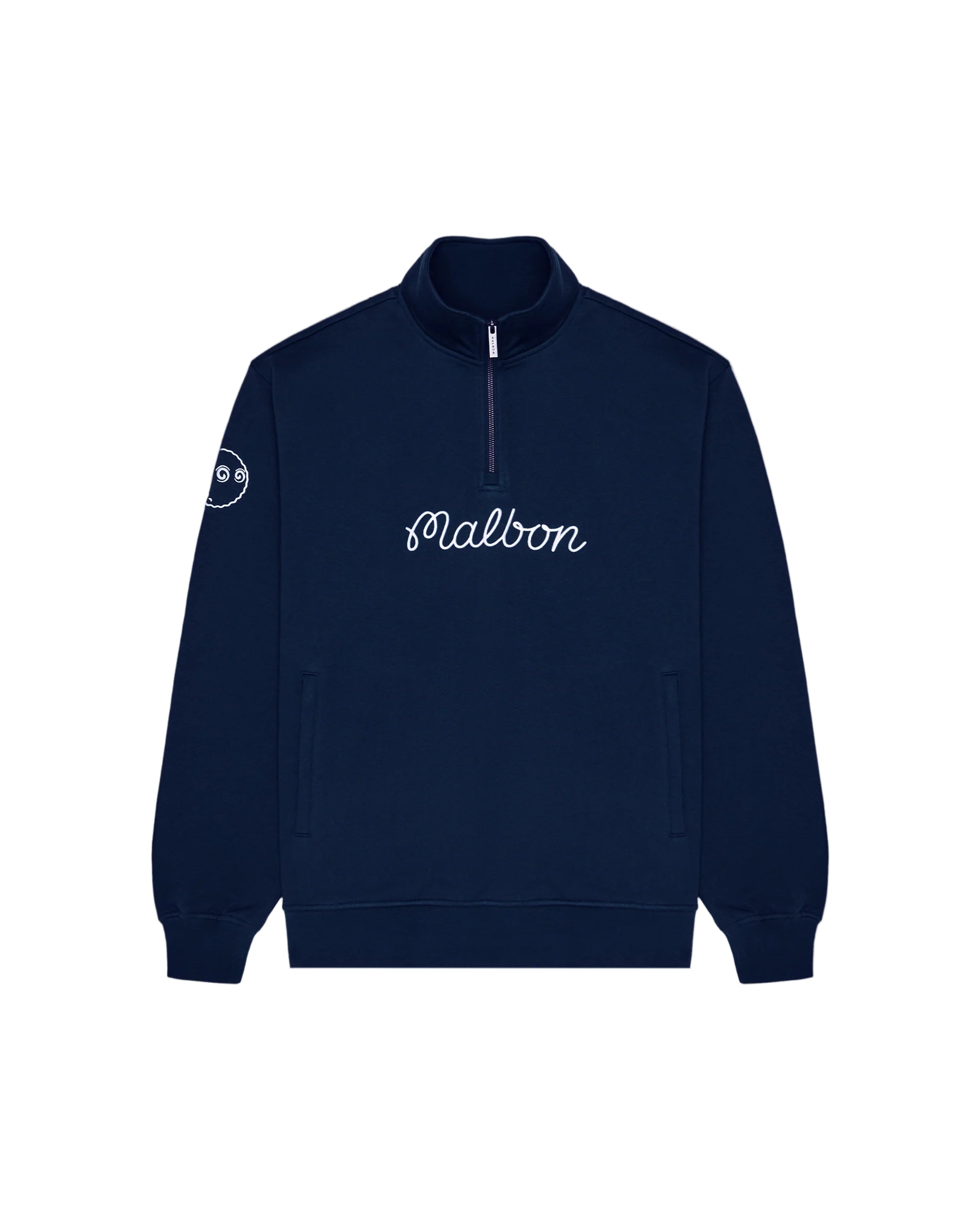 Navy blue sweatshirt with 'Malbon' branding on a light gray background