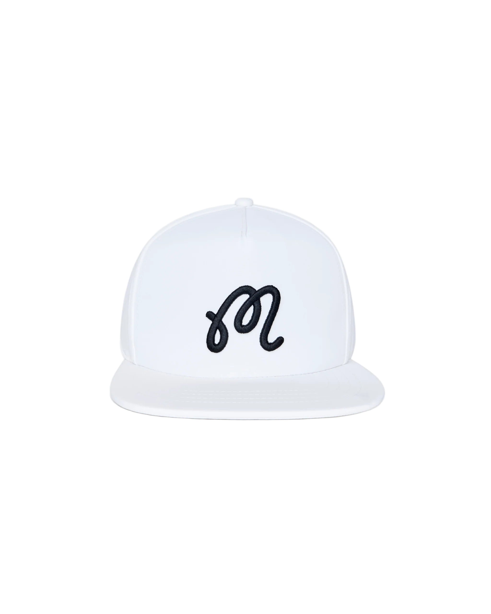 White cap with black logo on a light gray background