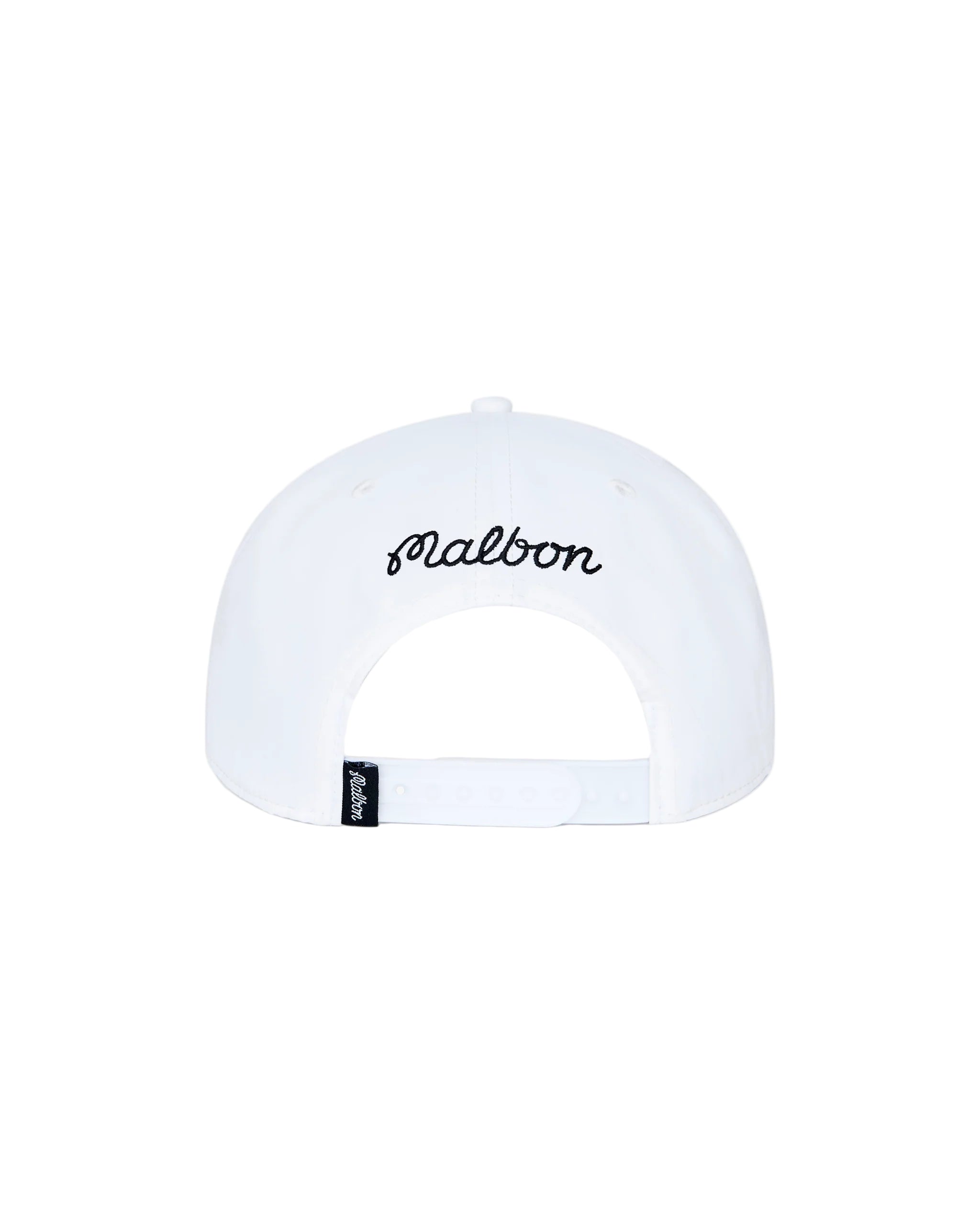 White cap with 'Malbon' branding on a white background