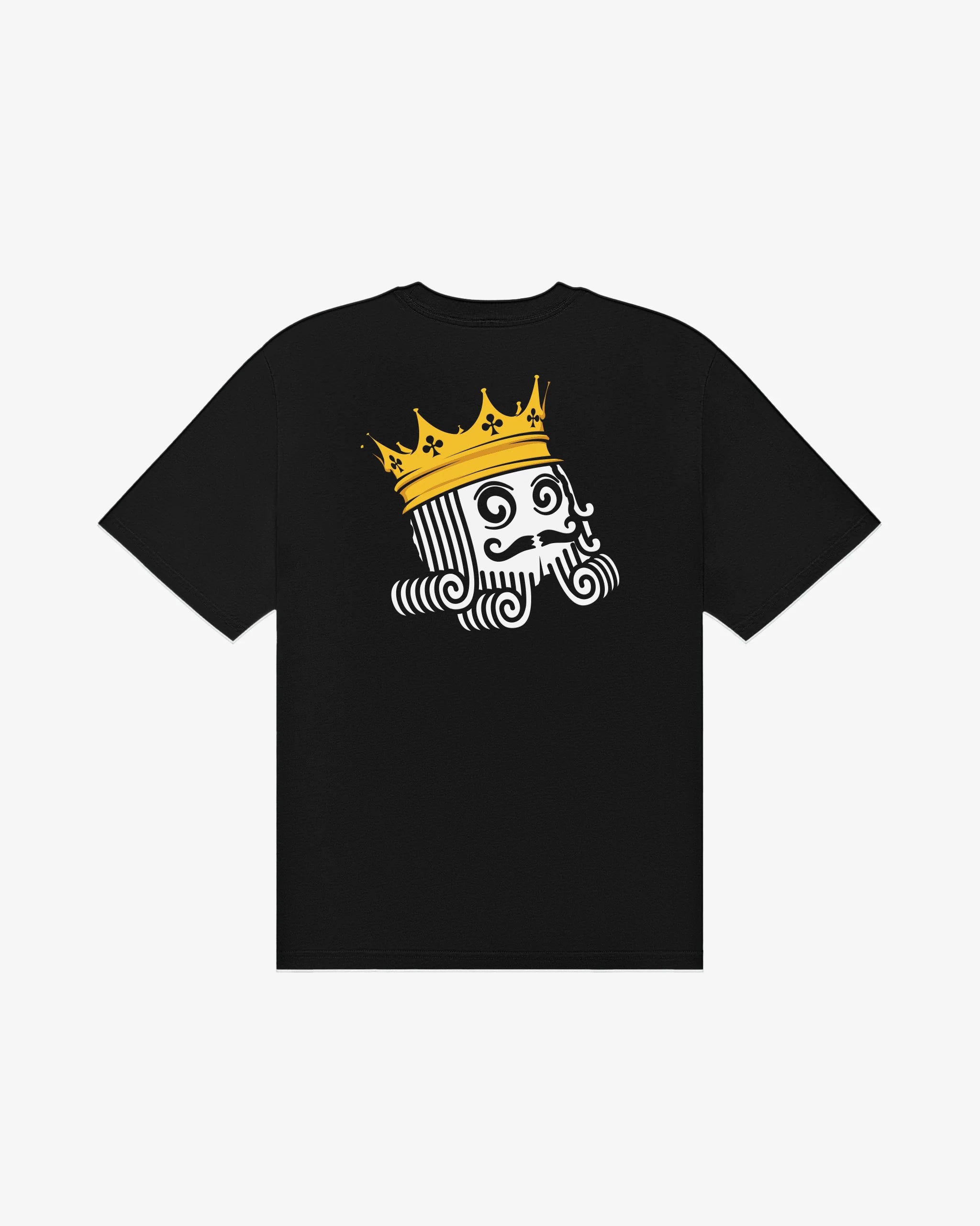 Black t-shirt with a graphic design on the back featuring a king's face with a crown.