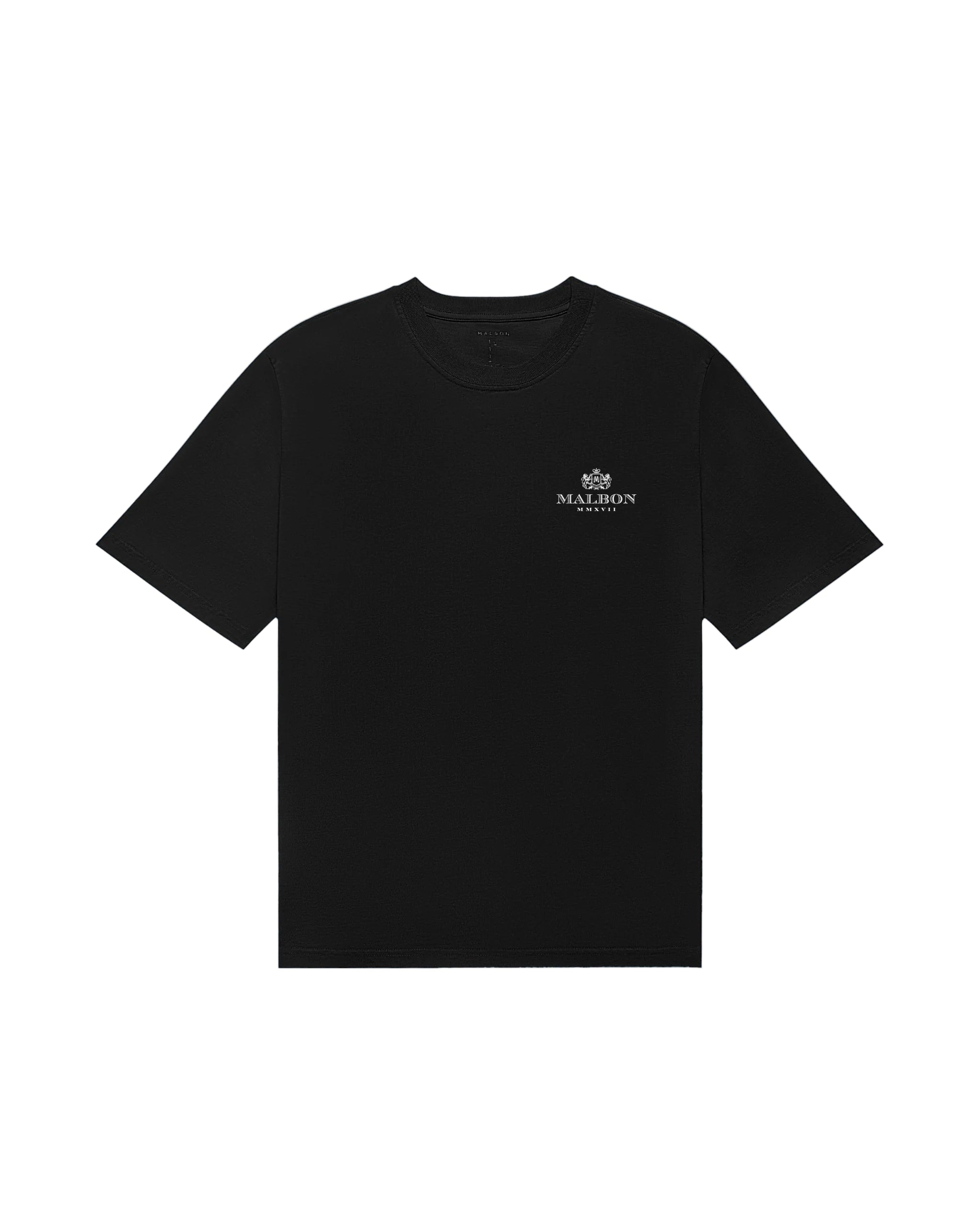 Black t-shirt with a logo on a white background