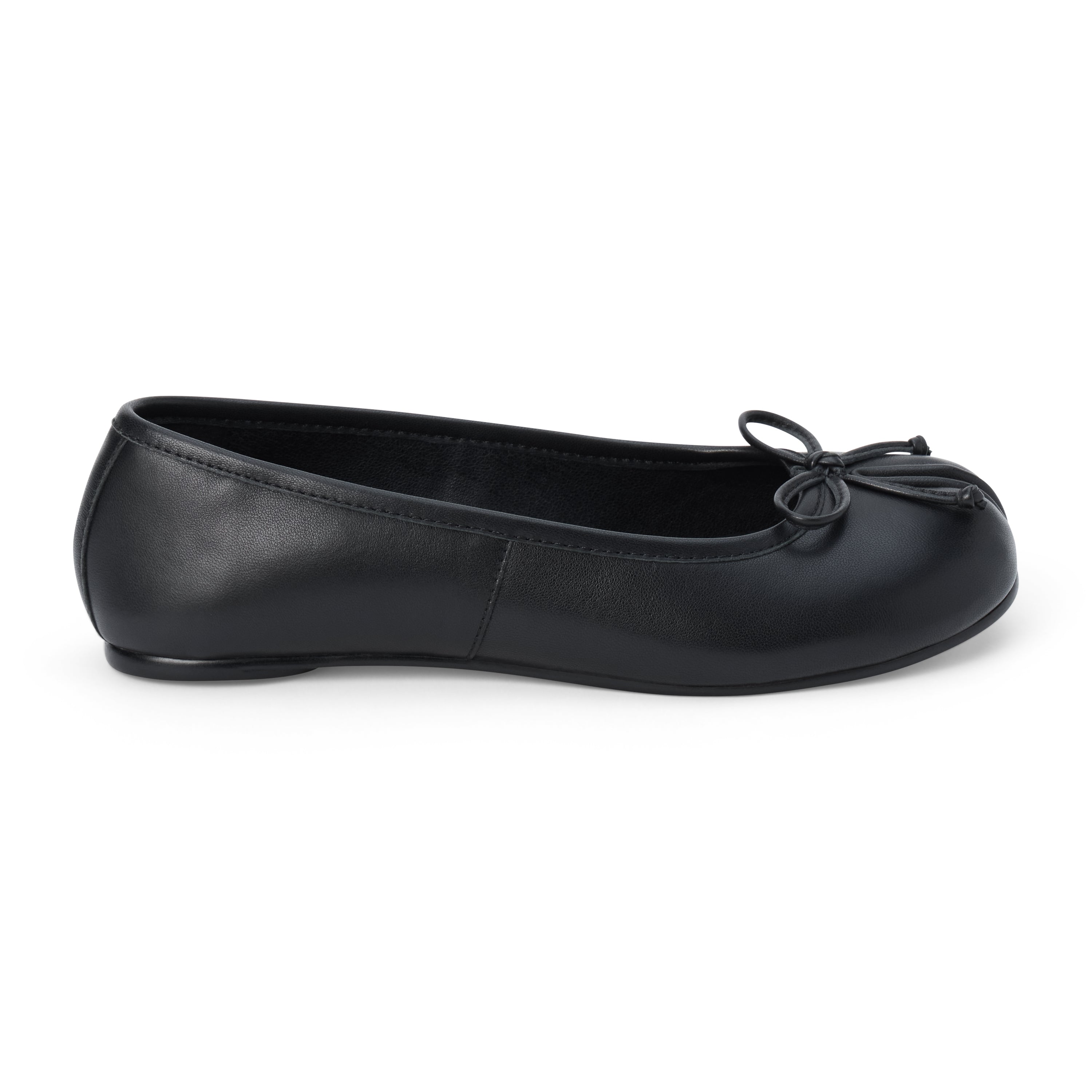 Black leather ballet flat shoe with a bow on a white background