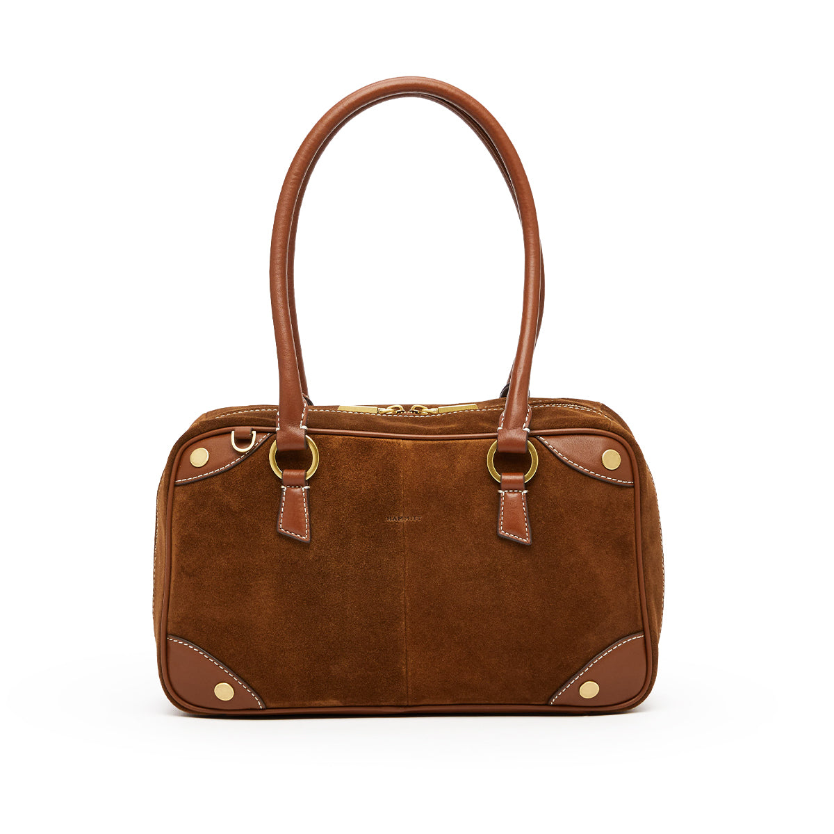 A brown suede and leather handbag with gold-tone hardware, featuring dual top handles, a zip-top closure, and decorative corner studs, shown against a plain white background.