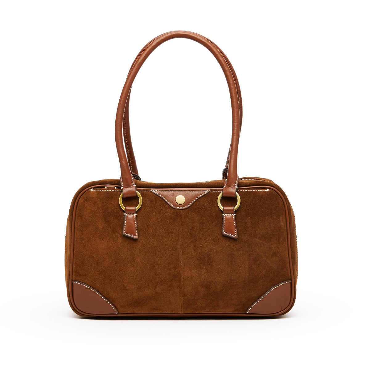 A brown suede and leather handbag with dual top handles, gold-tone hardware, and contrast stitching, shown against a plain white background.