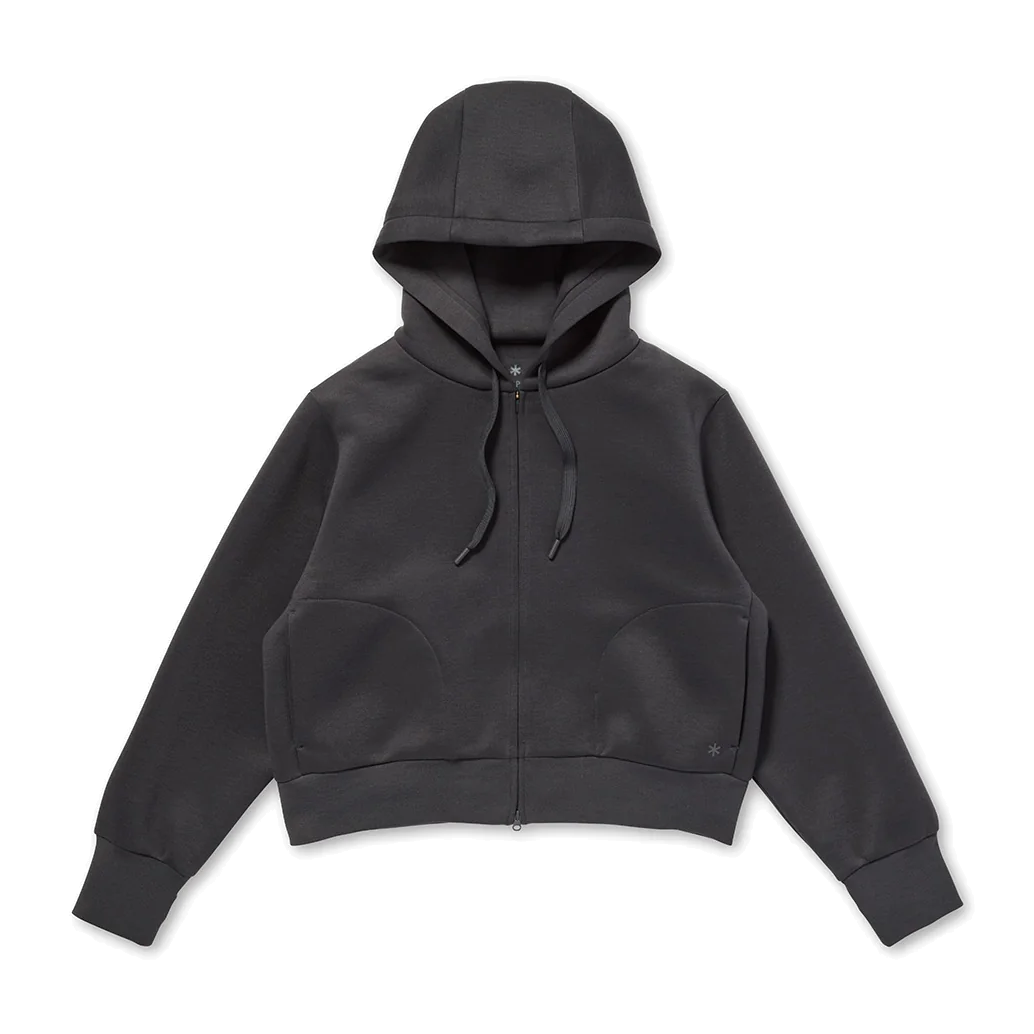 Front view of a charcoal Snow Peak Odor Control Women’s Zip Parka, laid flat on white, showing the zipped front, drawstring hood, curved front pockets and ribbed cuffs and hem.
