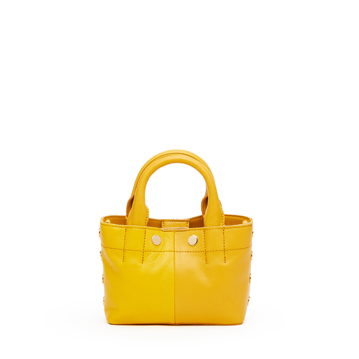 A bright yellow leather handbag with double top handles and decorative gold-tone rivets, centered on a plain white background.